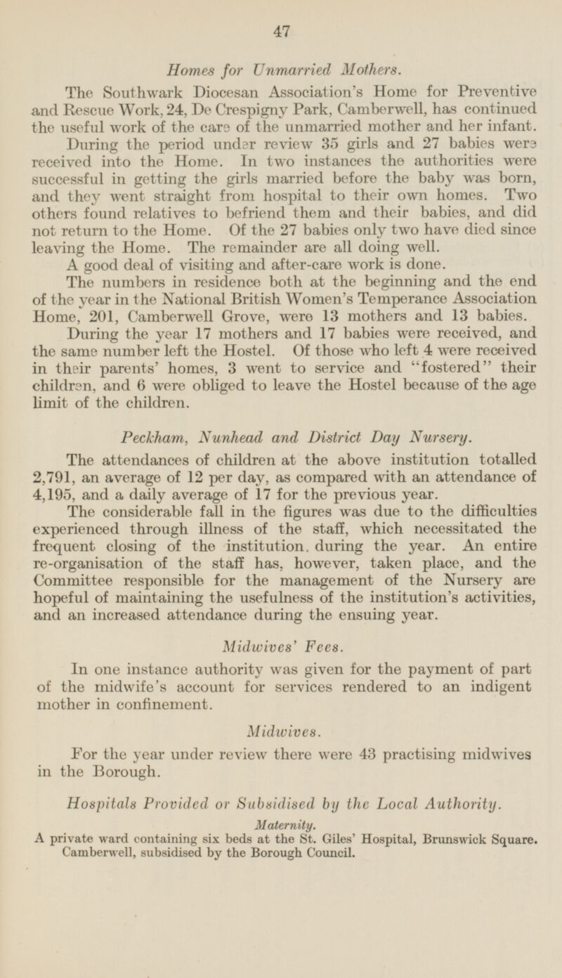 Homes for Unmarried Mothers. The Southwark Diocesan Association's Home for Preventive and Rescue Work, 24, De Crespigny Park, Camberwell, has continued the useful work of the cars of the unmarried mother and her infant. During the period under review 35 girls and 27 babies were received into the Home. In two instances the authorities were successful in getting the girls married before the baby was born, and they went straight from hospital to their own homes. Two others found relatives to befriend them and their babies, and did not return to the Home. Of the 27 babies only two have died since leaving the Home. The remainder are all doing well. A good deal of visiting and after-care work is done. The numbers in residence both at the beginning and the end of the year in the National British Women's Temperance Association Home, 201, Camberwell Grove, were 13 mothers and 13 babies. During the year 17 mothers and 17 babies were received, and the same number left the Hostel. of those who left 4 were received in their parents' homes, 3 went to service and fostered their children, and 6 were obliged to leave the Hostel because of the age limit of the children. Peckham, Nunhead and District Day Nursery. The attendances of children at the above institution totalled 2,791, an average of 12 per day, as compared with an attendance of 4,195, and a daily average of 17 for the previous year. The considerable fall in the figures was due to the difficulties experienced through illness of the staff, which necessitated the frequent closing of the institution, during the year. An entire re-organisation of the staff has, however, taken place, and the Committee responsible for the management of the Nursery are hopeful of maintaining the usefulness of the institution's activities, and an increased attendance during the ensuing year. Midwives' Fees. In one instance authority was given for the payment of part of the midwife's account for services rendered to an indigent mother in confinement. Midivives. For the year under review there were 43 practising midwives in the Borough. Hospitals Provided or Subsidised by the Local Authority. Maternity. A private ward containing six beds at the St. Giles' Hospital, Brunswick Square. Camberwell, subsidised by the Borough Council.