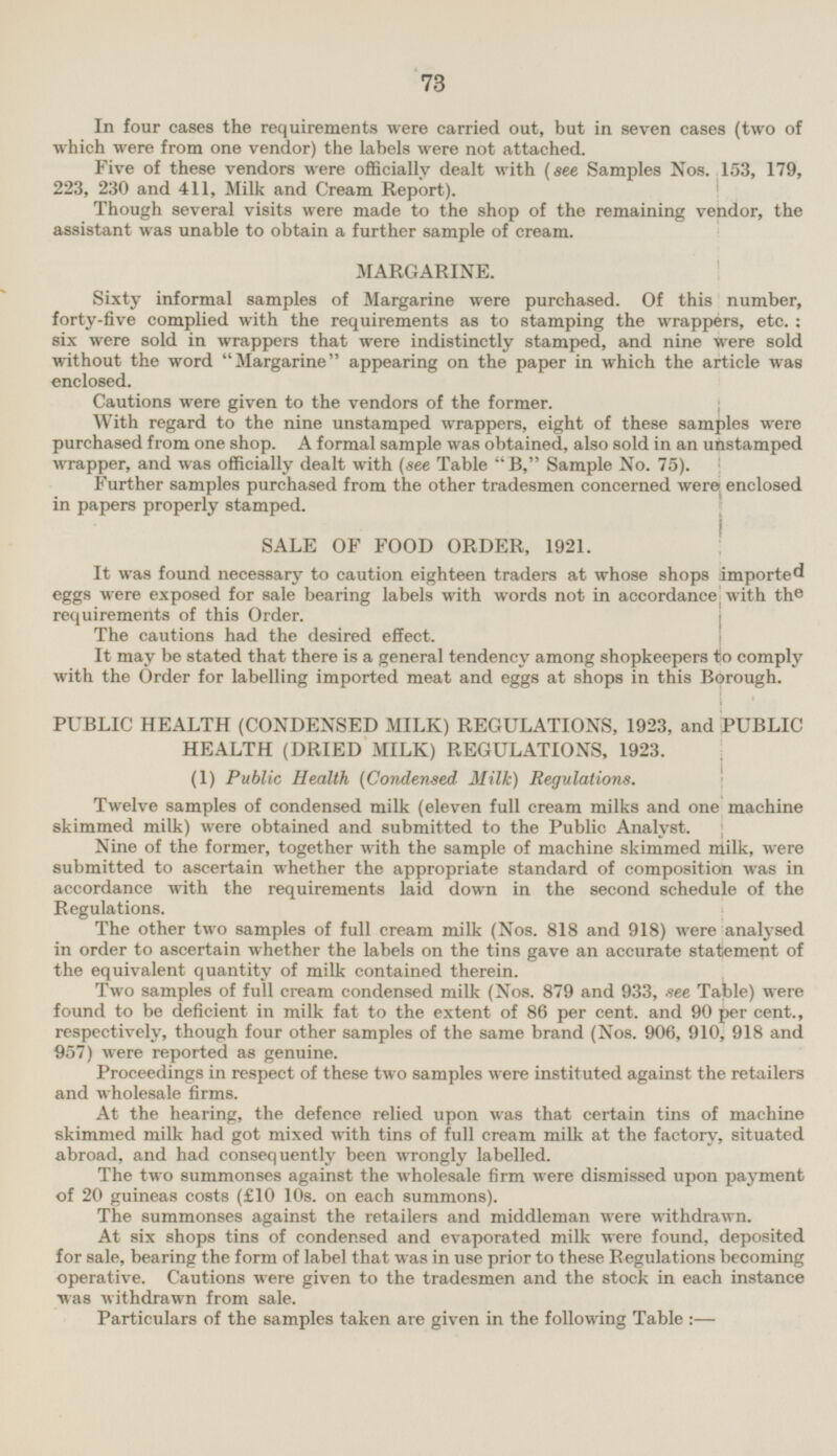 In four cases the requirements were carried out, but in seven cases (two of which were from one vendor) the labels were not attached. Five of these vendors were officially dealt with (see Samples Nos. 153, 179, 223, 230 and 411, Milk and Cream Report). Though several visits were made to the shop of the remaining vendor, the assistant was unable to obtain a further sample of cream. MARGARINE. Sixty informal samples of Margarine were purchased. Of this number, forty-five complied with the requirements as to stamping the wrappers, etc. ; six were sold in wrappers that were indistinctly stamped, and nine were sold without the word Margarine appearing on the paper in which the article was enclosed. Cautions were given to the vendors of the former. With regard to the nine unstamped wrappers, eight of these samples were purchased from one shop. A formal sample was obtained, also sold in an unstamped wrapper, and was officially dealt with (see Table B, Sample No. 75). Further samples purchased from the other tradesmen concerned were enclosed in papers properly stamped. SALE OF FOOD ORDER, 1921. It was found necessary to caution eighteen traders at whose shops imported eggs were exposed for sale bearing labels with words not in accordance with the requirements of this Order. The cautions had the desired effect. It may be stated that there is a general tendency among shopkeepers to comply with the Order for labelling imported meat and eggs at shops in this Borough. PUBLIC HEALTH (CONDENSED MILK) REGULATIONS, 1923, and PUBLIC HEALTH (DRIED MILK) REGULATIONS, 1923. (1) Public Health (Condensed Milk) Regulations. Twelve samples of condensed milk (eleven full cream milks and one machine skimmed milk) were obtained and submitted to the Public Analyst. Nine of the former, together with the sample of machine skimmed milk, were submitted to ascertain whether the appropriate standard of composition was in accordance with the requirements laid down in the second schedule of the Regulations. The other two samples of full cream milk (Nos. 818 and 918) were analysed in order to ascertain whether the labels on the tins gave an accurate statement of the equivalent quantity of milk contained therein. Two samples of full cream condensed milk (Nos. 879 and 933, see Table) were found to be deficient in milk fat to the extent of 86 per cent, and 90 per cent., respectively, though four other samples of the same brand (Nos. 906, 910, 918 and 957) were reported as genuine. Proceedings in respect of these two samples were instituted against the retailers and wholesale firms. At the hearing, the defence relied upon was that certain tins of machine skimmed milk had got mixed with tins of full cream milk at the factory, situated abroad, and had consequently been wrongly labelled. The two summonses against the wholesale firm were dismissed upon payment of 20 guineas costs (£lO 10s. on each summons). The summonses against the retailers and middleman were withdrawn. At six shops tins of condensed and evaporated milk were found, deposited for sale, bearing the form of label that was in use prior to these Regulations becoming operative. Cautions were given to the tradesmen and the stock in each instance was withdrawn from sale. Particulars of the samples taken are given in the following Table :—