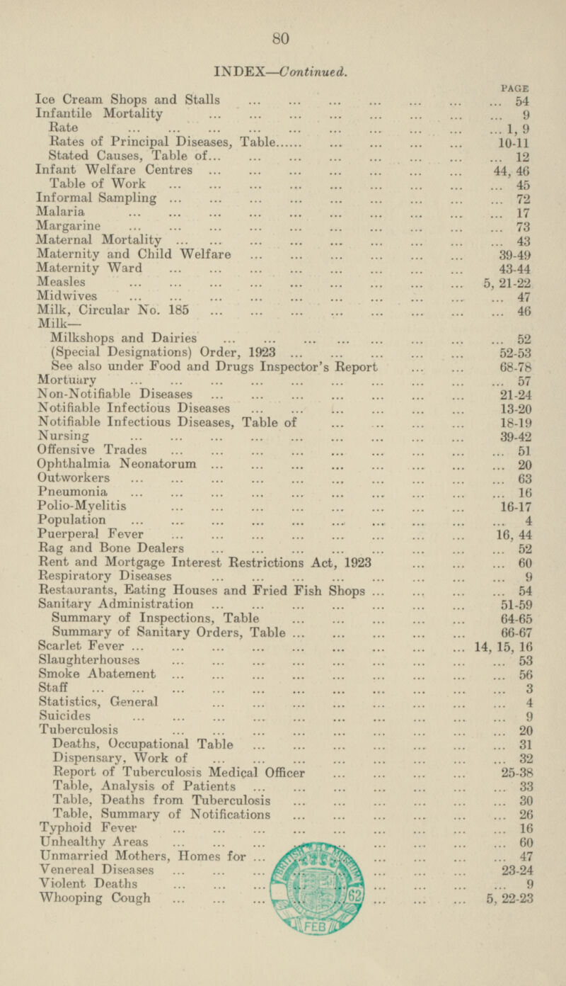 INDEX—Continued. PAGE Ice Cream Shops and Stalls 54 Infantile Mortality 9 Rate 1, 9 Rates of Principal Diseases, Table 10-11 Stated Causes, Table of 12 Infant Welfare Centres 44, 46 Table of Work 45 Informal Sampling 72 Malaria 17 Margarine 73 Maternal Mortality 43 Maternity and Child Welfare 39-49 Maternity Ward 43-44 Measles 5, 21-22 Midwives 47 Milk, Circular No. 185 46 Milk- Milkshops and Dairies 52 (Special Designations) Order, 1923 52-53 See also under Food and Drugs Inspector's Report 68-78 Mortuary 57 Non-Notifiable Diseases 21-24 Notifiable Infectious Diseases 13-20 Notifiable Infectious Diseases, Table of 18-19 Nursing 39-42 Offensive Trades 51 Ophthalmia Neonatorum 20 Outworkers 63 Pneumonia 16 Polio-Myelitis 16-17 Population 4 Puerperal Fever 16, 44 Rag and Bone Dealers 52 Rent and Mortgage Interest Restrictions Act, 1923 60 Respiratory Diseases 9 Restaurants, Eating Houses and Fried Fish Shops 54 Sanitary Administration 51-59 Summary of Inspections, Table 64-65 Summary of Sanitary Orders, Table 66-67 Scarlet Fever 14, 15, 16 Slaughterhouses 53 Smoke Abatement 56 Staff 3 Statistics, General 4 Suicides 9 Tuberculosis 20 Deaths, Occupational Table 31 Dispensary, Work of 32 Report of Tuberculosis Medical Officer 25-38 Table, Analysis of Patients 33 Table, Deaths from Tuberculosis 30 Table, Summary of Notifications 26 Typhoid Fever 16 Unhealthy Areas 60 Unmarried Mothers, Homes for 47 Venereal Diseases 23-24 Violent Deaths 9 Whooping Cough 5, 22-23