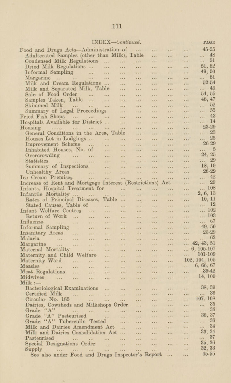 INDEX—Continued. PAGE Food and Drugs Acts—Administration of 45 - 55 Adulterated Samples (other than Milk), Table 48 Condensed Milk Regulations 51 Dried Milk Regulations 51, 52 Informal Sampling 49, 50 Margarine 51 Milk and Cream Regulations 52 - 54 Milk and Separated Milk, Table 49 Sale of Food Order 54, 55 Samples Taken, Table 46, 47 Skimmed Milk 52 Summary of Legal Proceedings 55 Pried Fish Shops 43 Hospitals Available for District 14 Housing .23-29 General Conditions in the Area, Table 23 Houses Let in Lodgings 25 Improvement Scheme 26 - 29 Inhabited Houses, No. of 5 Overcrowding 24, 25 Statistics 29 Summary of Inspections 18, 19 Unhealthy Areas 26-29 Ice Cream Premises 42 Increase of Rent and Mortgage Interest (Restrictions) Act 29 Infants, Hospital Treatment for 108 Infantile Mortality 2, 6, 13 Rates of Principal Diseases, Table 10, 11 Stated Causes, Table of 12 Infant Welfare Centres 102 Return of Work 103 Influenza67 Informal Sampling 49, 50 Insanitary Areas 26 - 29 Malaria . 62 Margarine 42, 43, 51 Maternal Mortality 6, 105 - 107 Maternity and Child Welfare 101 - 109 Maternity Ward 102, 104, 105 Measles . 6, 66, 67 Meat Regulations 39 - 42 Midwives 14, 109 Milk:- Bacteriological Examinations 38, 39 Certified Milk 36 Circular No. 185 107, 108 Dairies, Cowsheds and Milkshops Order 35 Grade A 36 Grade A Pasteurised36, 37 Grade A Tuberculin Tested 36 Milk and Dairies Amendment Act 34 Milk and Dairies Consolidation Act 33,34 Pasteurised 37 Special Designations Order 35, 36 Supply 32, 33 See also under Food and Drugs Inspector's Report 45-55