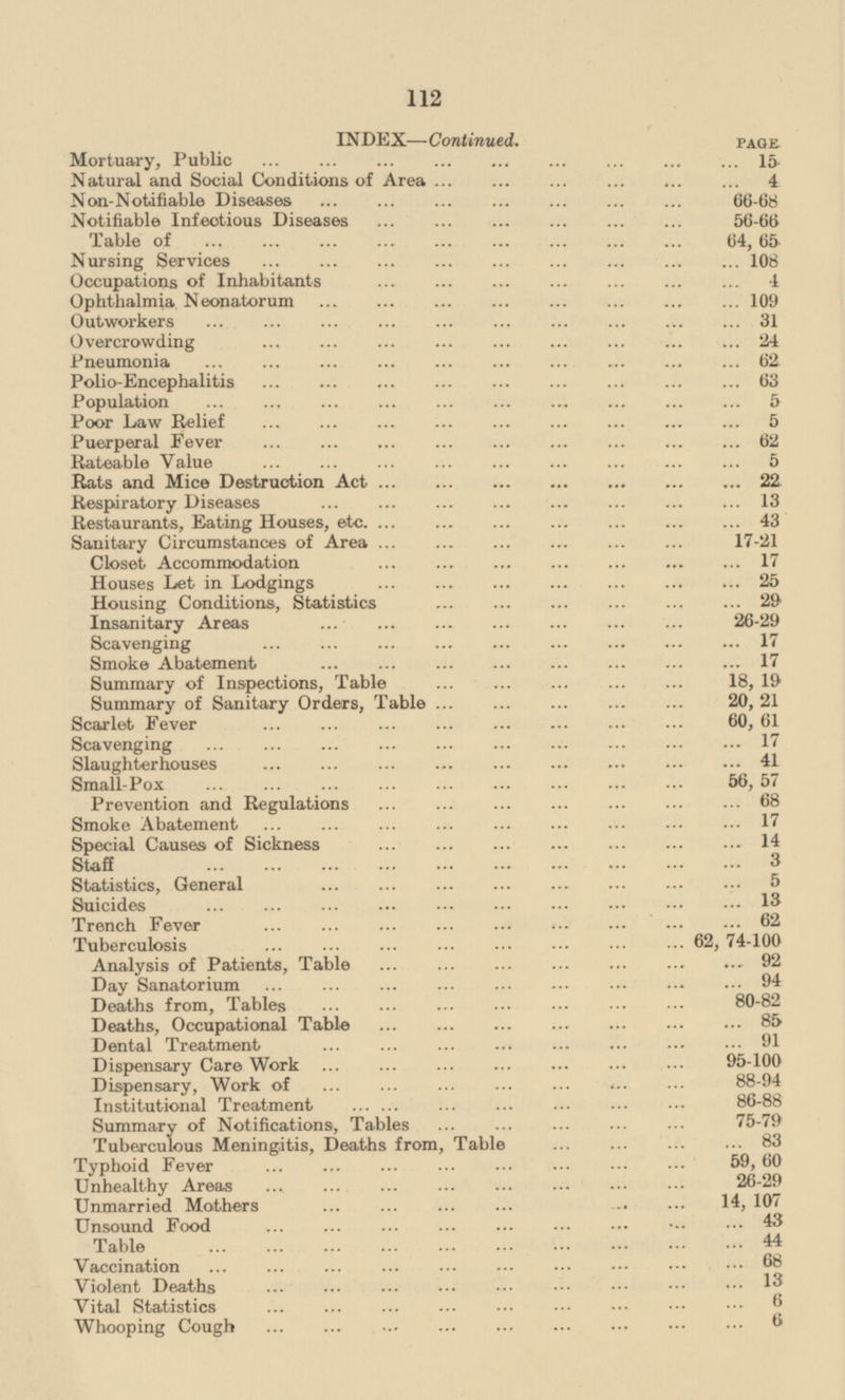 INDEX—Continued. page Mortuary, Public 15 Natural and Social Conditions of Area 4 Non-Notifiable Diseases 66 - 68 Notifiable Infectious Diseases 56 - 66 Table of 64,65 Nursing Services 108 Occupations of Inhabitants 4 Ophthalmia Neonatorum 109 Outworkers 31 Overcrowding 24 Pneumonia 62 Polio-Encephalitis 63 Population 5 Poor Law Relief 5 Puerperal Fever 62 Rateable Value 5 Rats and Mice Destruction Act 22 Respiratory Diseases 13 Restaurants, Eating Houses, etc. 43 Sanitary Circumstances of Area 17 - 21 Closet Accommodation 17 Houses Let in Lodgings 25 Housing Conditions, Statistics 29 Insanitary Areas 26 - 29 Scavenging 17 Smoke Abatement 17 Summary of Inspections, Table 18, 19 Summary of Sanitary Orders, Table 20, 21 Scarlet Fever 61 Scavenging 17 Slaughterhouses 41 Small-Pox 56, 57 Prevention and Regulations 68 Smoke Abatement 17 Special Causes of Sickness 14 Staff 3 Statistics, General 5 Suicides13 Trench Fever 62 Tuberculosis 62, 74-100 Analysis of Patiens, Table 92 Day Sanatorium 94 Deaths from, Tables 80 - 82 Deaths, Occupational Table 85 Dental Treatment 91 Dispensary Care Work 95 - 100 Dispensary, Work of 88 - 94 Institutional Treatment 86 - 88 Summary of Notifications, Tables 75 - 79 Tuberculous Meningitis, Deaths from, Table 83 Typhoid Fever 59, 60 Unhealthy Areas 26 - 29 Unmarried Mothers 14, 107 Unsound Food 43 Table 44 Vaccination 68 Violent Deaths 13 Vital Statistics 6 Whooping Cough 6