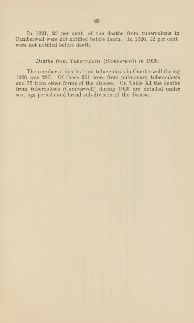 In 1921, 25 per cent. of the deaths from tuberculosis in Camberwell were not notified before death. In 1926, 12 per cent. were not notified before death. Deaths from Tuberculosis (Camberwell) in 1926. The number of deaths from tuberculosis in Camberwell during 1926 was 286. Of these 251 were from pulmonary tuberculosis and 35 from other forms of the disease. On Table XI the deaths from tuberculosis (Camberwell) during 1926 are detailed under sex, age periods and broad sub-division of the disease.