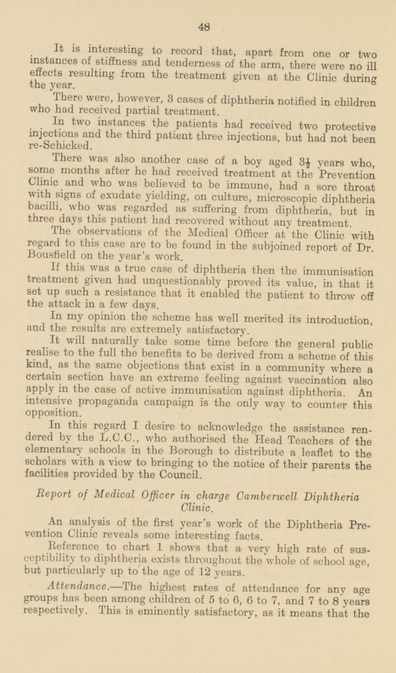 It is interesting to record that, apart from one or two instances of stiffness and tenderness of the arm, there were no ill effects resulting from the treatment given at the Clinic during the year. There were, however, 3 cases of diphtheria notified in children who had received partial treatment. In two instances the patients had received two protective injections and the third patient three injections, but had not been re-Schicked. There was also another case of a boy aged 3½ years who some months after he had received treatment at the Prevention Clinic and who was believed to be immune, had a sore throat with signs of exudate yielding, on culture, microscopic diphtheria bacilli, who was regarded as suffering from diphtheria, but in three days this patient had recovered without any treatment. The observations of the Medical Officer at the Clinic with regard to this case are to be found in the subjoined report of Dr. Bousfield on the year's work. If this was a true case of diphtheria then the immunisation treatment given had unquestionably proved its value, in that it set up such a resistance that it enabled the patient to throw off the attack in a few days. In my opinion the scheme has well merited its introduction, and the results are extremely satisfactory. It will naturally take some time before the general public realise to the full the benefits to be derived from a scheme of this kind, as the same objections that exist in a community where a certain section have an extreme feeling against vaccination also apply in the case of active immunisation against diphtheria. An intensive propaganda campaign is the only way to counter this opposition. In this regard I desire to acknowledge the assistance rendered by the L.C.C., who authorised the Head Teachers of the elementary schools in the Borough to distribute a leaflet to the scholars with a view to bringing to the notice of their parents the facilities provided by the Council. Report of Medical Officer in charge Camberwell Diphtheria Clinic. An analysis of the first year's work of the Diphtheria Prevention Clinic reveals some interesting facts. Reference to chart 1 shows that a very high rate of susceptibility to diphtheria exists throughout the whole of school age, but particularly up to the age of 12 years. Attendance. The highest rates of attendance for any age groups has been among children of 5 to 6, 6 to 7, and 7 to 8 years respectively. This is eminently satisfactory, as it means that the