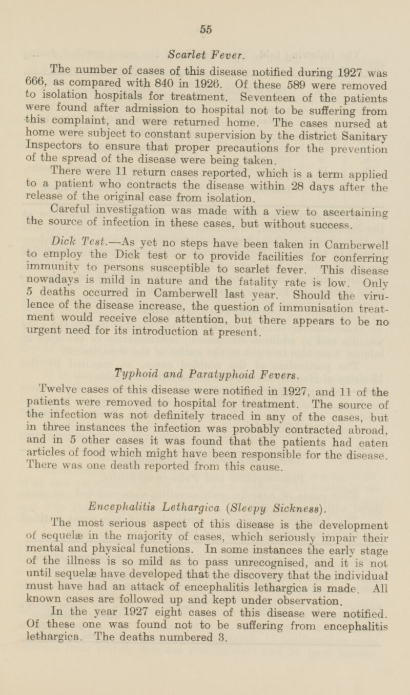 Scarlet Fever. The number of cases of this disease notified during 1927 was 666, as compared with 840 in 1926. Of these 589 were removed to isolation hospitals for treatment. Seventeen of the patients were found after admission to hospital not to be suffering from this complaint, and were returned home. The cases nursed at home were subject to constant supervision by the district Sanitary Inspectors to ensure that proper precautions for the prevention of the spread of the disease were being taken. There were 11 return cases reported, which is a term applied to a patient who contracts the disease within 28 days after the release of the original case from isolation. Careful investigation was made with a view to ascertaining the source of infection in these cases, but without success. Dick Test.—As yet no steps have been taken in Camberwell to employ the Dick test or to provide facilities for conferring immunity to persons susceptible to scarlet fever. This disease nowadays is mild in nature and the fatality rate is low. Only 5 deaths occurred in Camberwell last year. Should the virulence of the disease increase, the question of immunisation treatment would receive close attention, but there appears to be no urgent need for its introduction at present. Typhoid and Paratyphoid Fevers. Twelve cases of this disease were notified in 1927, and 11 of the patients were removed to hospital for treatment. The source of the infection was not definitely traced in any of the cases, but in three instances the infection was probably contracted abroad, and in 5 other cases it was found that the patients had eaten articles of food which might have been responsible for the disease. There was one death reported from this cause. Encephalitis Lethargica (Sleepy Sickness). The most serious aspect of this disease is the development of sequelæ in the majority of cases, which seriously impair their mental and physical functions. In some instances the early stage of the illness is so mild as to pass unrecognised, and it is not until sequelæ have developed that the discovery that the individual must have had an attack of encephalitis lethargica is made. All known cases are followed up and kept under observation. In the year 1927 eight cases of this disease were notified. Of these one was found not to be suffering from encephalitis lethargica. The deaths numbered 3.