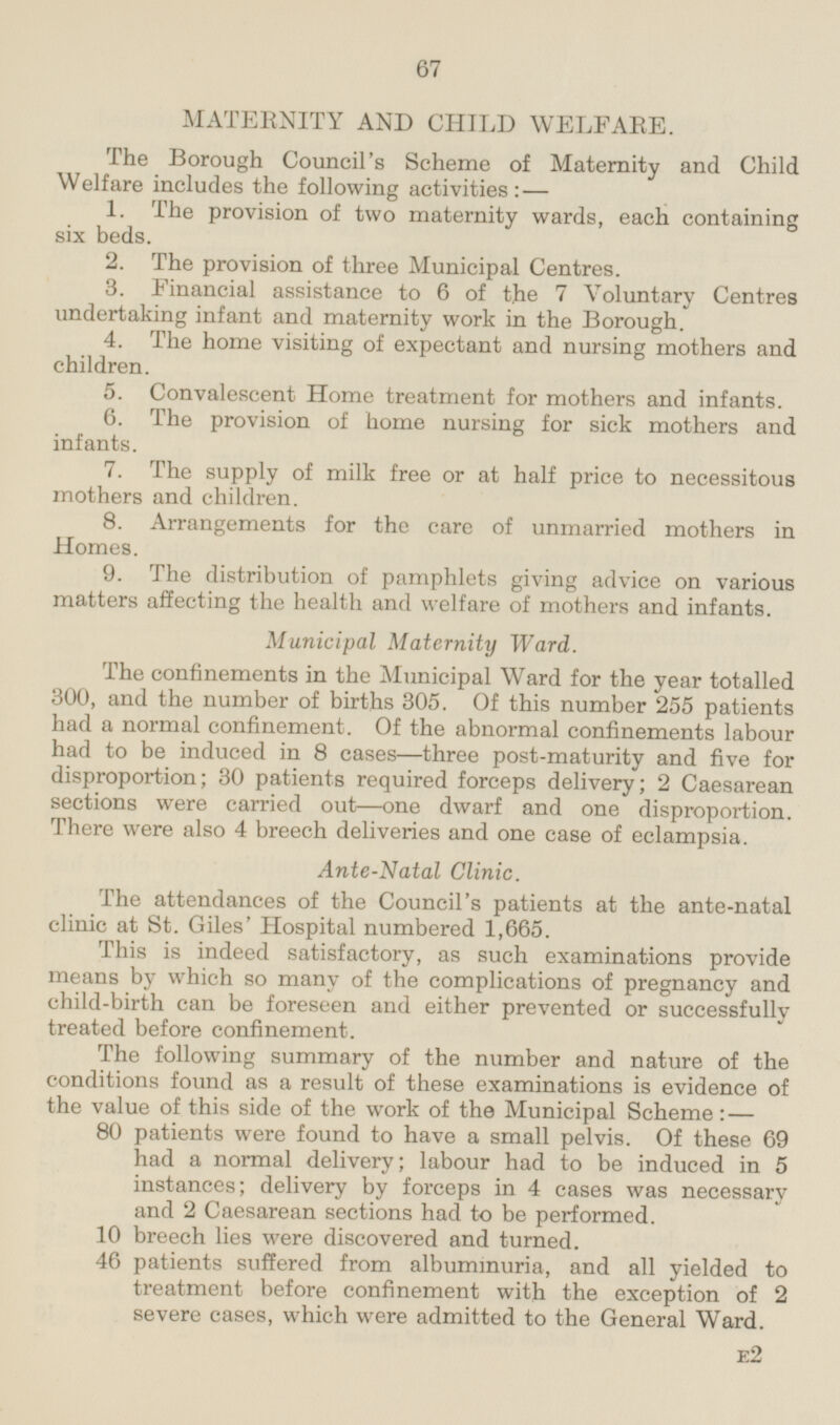 MATERNITY AND CHILD WELFARE. The Borough Council's Scheme of Maternity and Child Welfare includes the following activities:— 1. The provision of two maternity wards, each containing six beds. 2. The provision of three Municipal Centres. 3. financial assistance to 6 of the 7 Voluntary Centres undertaking infant and maternity work in the Borough. 4. The home visiting of expectant and nursing mothers and children. 5. Convalescent Home treatment for mothers and infants. 6. The provision of home nursing for sick mothers and infants. 7. The supply of milk free or at half price to necessitous mothers and children. 8. Arrangements for the care of unmarried mothers in Homes. 9. The distribution of pamphlets giving advice on various matters affecting the health and welfare of mothers and infants. Municipal Maternity Ward. The confinements in the Municipal Ward for the year totalled 300, and the number of births 305. Of this number 255 patients had a normal confinement. Of the abnormal confinements labour had to be induced in 8 cases—three post-maturity and five for disproportion; 30 patients required forceps delivery; 2 Caesarean sections were carried out—one dwarf and one disproportion. There were also 4 breech deliveries and one case of eclampsia. Ante-Natal Clinic. The attendances of the Council's patients at the ante-natal clinic at St. Giles' Hospital numbered 1,665. This is indeed satisfactory, as such examinations provide means by which so many of the complications of pregnancy and child-birth can be foreseen and either prevented or successfully treated before confinement. The following summary of the number and nature of the conditions found as a result of these examinations is evidence of the value of this side of the work of the Municipal Scheme:— 80 patients were found to have a small pelvis. Of these 69 had a normal delivery; labour had to be induced in 5 instances; delivery by forceps in 4 cases was necessary and 2 Caesarean sections had to be performed. 10 breech lies were discovered and turned. 46 patients suffered from albuminuria, and all yielded to treatment before confinement with the exception of 2 severe cases, which were admitted to the General Ward. E2 67