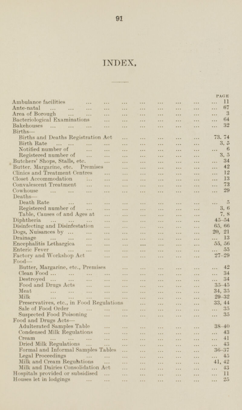 INDEX, PAGE Ambulance facilities 11 Ante-natal 67 Area of Borough 3 Bacteriological Examinations 64 Bakehouses 32 Births— Births and Deaths Registration Act 73.74 Birth Rate 3, 5 Notified number of 6 Registered number of 3, 5 Butchers' Shops, Stalls, etc. 34 Butter. Margarine, etc. Premises 42 Clinics and Treatment Centres 12 Closet Accommodation 13 Convalescent Treatment 73 Cowhouse 29 Deaths — Death Rate 5 Registered number of 3, 6 Table, Causes of and Ages at 7, 8 Diphtheria 45-54 Disinfecting and Disinfestation 65, 66 Dogs, Nuisances by 20, 21 Drainage 13 Encephalitis Lethargica 55, 56 Enteric Fever 55 Factory and Workshop Act 27-29 Food— Butter, Margarine, etc., Premises 42 Clean Food 34 Destroyed 34 Food and Drugs Acts 35-45 Meat 34, 35 Milk 29-32 Preservatives, etc., in Food Regulations 33, 44 Sale of Food Order 35 Suspected Food Poisoning 35 Food and Drugs Acts — Adulterated Samples Table 38-40 Condensed Milk Regulations 43 Cream 41 Dried Milk Regulations 43 Formal and Informal Samples Tables 36-37 Legal Proceedings 45 Milk and Cream Regulations 41, 42 Milk and Dairies Consolidation Act 43 Hospitals provided or subsidised 11 Houses let in lodgings 25
