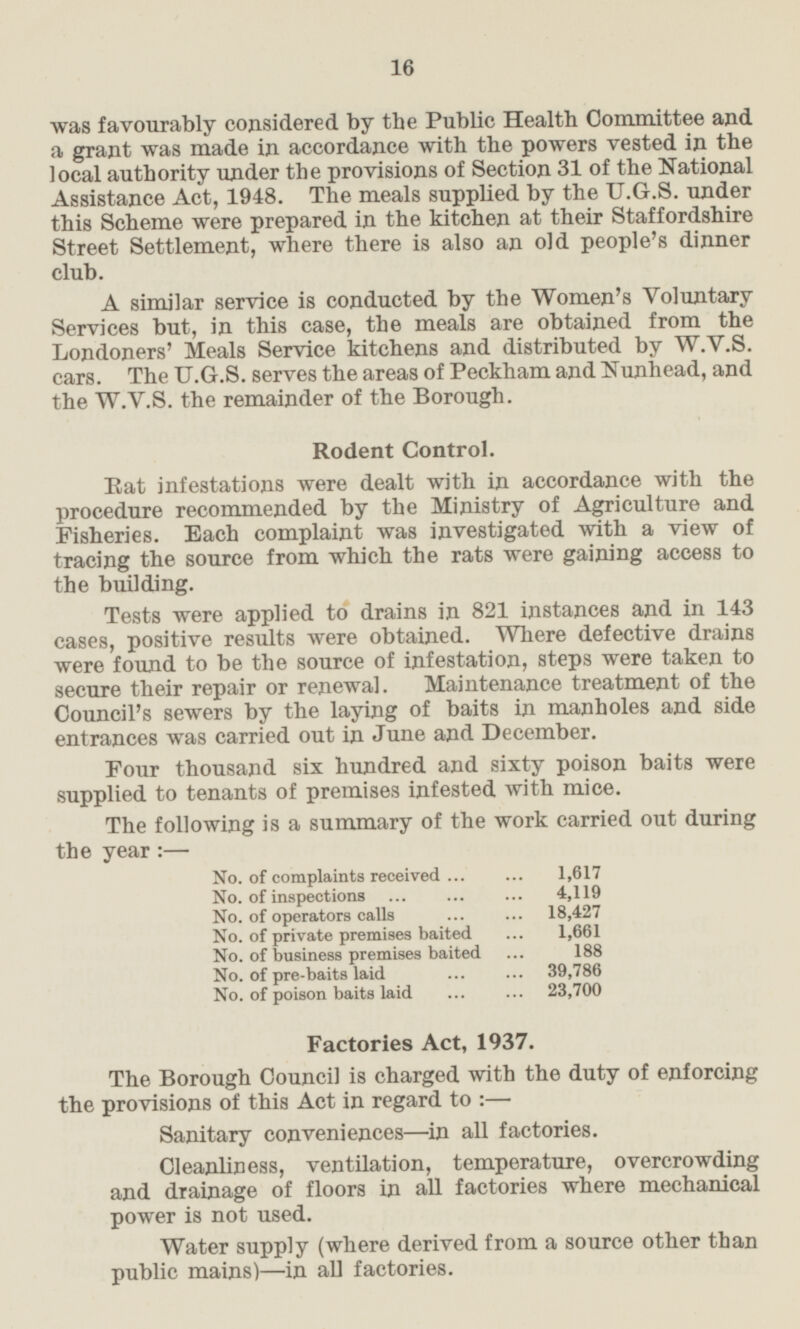 was favourably considered by the Public Health Committee and a grant was made in accordance with the powers vested in the local authority under the provisions of Section 31 of the National Assistance Act, 1948. The meals supplied by the U.G.S. under this Scheme were prepared in the kitchen at their Staffordshire Street Settlement, where there is also an old people's dinner club. A similar service is conducted by the Women's Voluntary Services but, in this case, the meals are obtained from the Londoners' Meals Service kitchens and distributed by W.V.S. cars. The U.G.S. serves the areas of Peckham and Nunhead, and the W.V.S. the remainder of the Borough. Rodent Control. Eat infestations were dealt with in accordance with the procedure recommended by the Ministry of Agriculture and Fisheries. Each complaint was investigated with a view of tracing the source from which the rats were gaining access to the building. Tests were applied to drains in 821 instances and in 143 cases, positive results were obtained. Where defective drains were found to be the source of infestation, steps were taken to secure their repair or renewal. Maintenance treatment of the Council's sewers by the laying of baits in manholes and side entrances was carried out in June and December. Four thousand six hundred and sixty poison baits were supplied to tenants of premises infested with mice. The following is a summary of the work carried out during the year: — No. of complaints received 1,617 No. of inspections 4,119 No. of operators calls 18,427 No. of private premises baited 1,661 No. of business premises baited 188 No. of pre-baits laid 39,786 No. of poison baits laid 23,700 Factories Act, 1937. The Borough Council is charged with the duty of enforcing the provisions of this Act in regard to : — Sanitary conveniences —in all factories. Cleanliness, ventilation, temperature, overcrowding and drainage of floors in all factories where mechanical power is not used. Water supply (where derived from a source other than public mains) —in all factories.