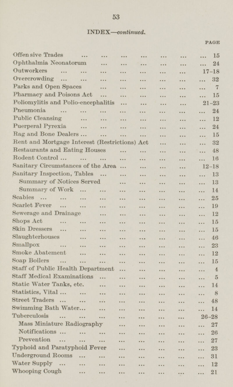 INDEX —continued. PAGE Offensive Trades 15 Ophthalmia Neonatorum 24 Outworkers 17 - 18 Overcrowding 32 Parks and Open Spaces 7 Pharmacy and Poisons Act 15 Poliomylitis and Polio-encephalitis 21 - 23 Pneumonia 24 Public Cleansing 12 Puerperal Pyrexia 24 Rag and Bone Dealers 15 Rent and Mortgage Interest (Restrictions) Act 32 Restaurants and Eating Houses 48 Rodent Control 16 Sanitary Circumstances of the Area 12 - 18 Sanitary Inspection, Tables 13 Summary of Notices Served 13 Summary of Work 14 Scabies 25 Scarlet Fever 19 Sewerage and Drainage 12 Shops Act 15 Skin Dressers 15 Slaughterhouses 46 Smallpox 23 Smoke Abatement 12 Soap Boilers 15 Staff of Public Health Department 4 Staff Medical Examinations 5 Static Water Tanks, etc. 14 Statistics, Vital 8 Street Traders 48 Swimming Bath Water 14 Tuberculosis 26 - 28 Mass Miniature Radiography 27 Notifications 26 Prevention 27 Typhoid and Paratyphoid Fever 23 Underground Rooms 31 Water Supply 12 Whooping Cough 21