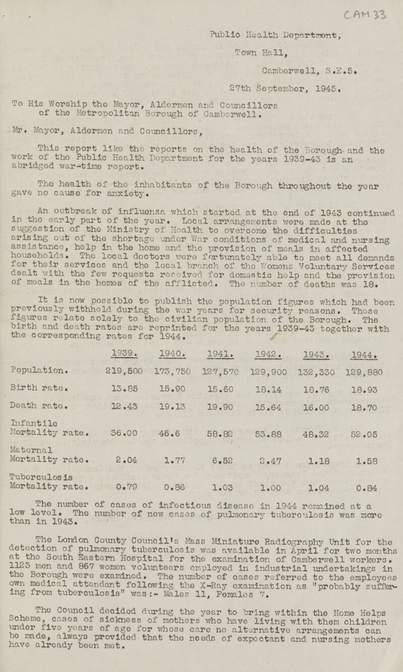 CAM 33 Public Health Department. Town Hall, Camberwell, S.E.5. 27th September, 1945. To His Worship the Mayor, Aldermen and Councillors of the Metropolitan Borough of Camberwell. Mr. Mayor, Aldermen and Councillors, This report like the reports on the health of the Borough and the work of the Public Health Department for the years 1939-43 is an abridged war-time report. The health of the inhabitants of the Borough throughout the year gave no cause for anxiety. An outbreak of influenza which started at the end of 1943 continued in the early part of the year. Local arrangements were made at the suggestion of the Ministry of Health to overcome the difficulties arising out of the shortage under War conditions of medical and nursing assistance, help in the home and the provision of meals in affected households. The local doctors were fortunately able to meet all demands for their services and the local branch of the Womens Voluntary Services dealt with the few requests received for domestic help and the provision ox meals in the homos of the afflicted. The number of deaths was 18. It is now possible to publish the population figures which had been previously withheld during the war years for security reasons. Those figures relate solely to the civilian population of the Borough. The birth and death rates are reprinted for the years 1939-43 together with the corresponding rates for 1944. 1939. 1940. 1941. 1942. 1943. 1944. Population. 219,500 173,750 127,570 129,900 132,330 129,880 Birth rate. 13.85 15.90 15.60 18.14 18.76 18.93 Death rate. 12.43 19.13 19.90 15.64 16.00 18.70 Infantile Mortality rate. 36.00 46.6 58.82 53.88 48.32 52.05 Maternal Mortality rate. 2.04 1.77 6.52 2.47 1.18 1.58 Tuberculosis Mortality rate. 0.79 0.86 1.03 1.00 1.04 0.84 The number of cases of infectious disease in 1944 remained at a low level. The number of new cases of pulmonary tuberculosis was more than in 1943. The London County Council's Mass Miniature Radiography Unit for the detection of pulmonary tuberculosis was available in April for two months 10 South Eastern Hospital for the examination of Camberwell workers. 1123 men and 867 women volunteers employed In industrial undertakings in the Borough were examined. The number of cases referred to the employees own medical attendant following the X-Ray examination as probably suffering from tuberculosis was:- Males 11, Females 7. The Council decided during the year to bring within the Home Helps Scheme, cases of sickness of mothers who have living with them children under five years of age for whose care no alternative arrangements can be made, always provided that the needs of expectant and nursing mothers have already been met.