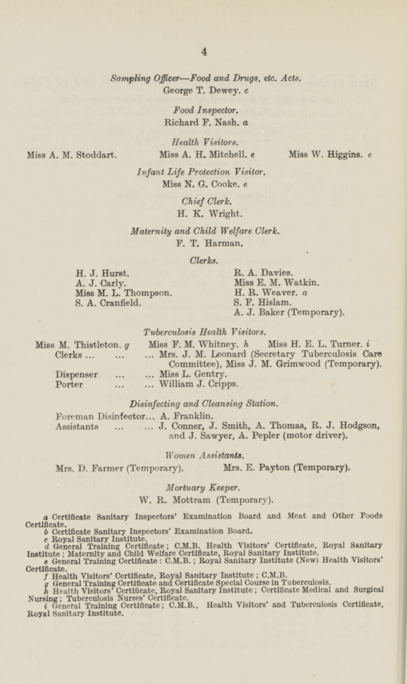 4 Sampling Officer—Food and Drugs, etc. Acts. George T. Dewey. c Food Inspector. Richard F. Nash. a Health Visitors. Miss A. M. Stoddart. Miss A. H. Mitchell. e Miss W. Higgins. e Infant Life Protection Visitor. Miss N. G. Cooke. e Chief Clerk. H. K. Wright. Maternity and Child Welfare Clerk. F. T. Harman. Clerks. H. J. Hurst. R. A. Davies. A. J. Carly. Miss E. M. Watkin. Miss M. L. Thompson. H. R. Weaver. a S. A. Cranfield. S. F. Hislam. A. J. Baker (Temporary). Tuberculosis Health Visitors. Miss M. Thistleton. g Miss F. M. Whitney, h Miss H. E. L. Turner. i Clerks Mrs. J. M. Leonard (Secretary Tuberculosis Care Committee), Miss J. M. Grimwood (Temporary). Dispenser Miss L. Gentry. Porter William J. Cripps. Disinfecting and Cleansing Station. Foreman Disinfector A. Franklin. Assistants J. Conner, J. Smith, A. Thomas, R. J. Hodgson, and J. Sawyer, A. Pepler (motor driver). Women Assistants. Mrs. D. Farmer (Temporary). Mrs. E. Payton (Temporary). Mortuary Keeper. W. R. Mottram (Temporary). a Certificate Sanitary Inspectors' Examination Board and Meat and Other Foods Certificate. b Certificate Sanitary Inspectors' Examination Board. c Royal Sanitary Institute. d General Training Certificate; C.M.B. Health Visitors' Certificate, Royal Sanitary Institute; Maternity and Child Welfare Certificate, Royal Sanitary Institute. e General Training Certificate: C.M.B.; Royal Sanitary Institute (New) Health Visitors' Certificate. f Health Visitors' Certificate, Royal Sanitary Institute; C.M.B. g General Training Certificate and Certificate Special Course in Tuberculosis. h Health Visitors' Certificate, Royal Sanitary Institute; Certificate Medical and Surgical Nursing; Tuberculosis Nurses' Certificate. i General Training Certificate; C.M.B., Health Visitors' and Tuberculosis Certificate, Royal Sanitary Institute.