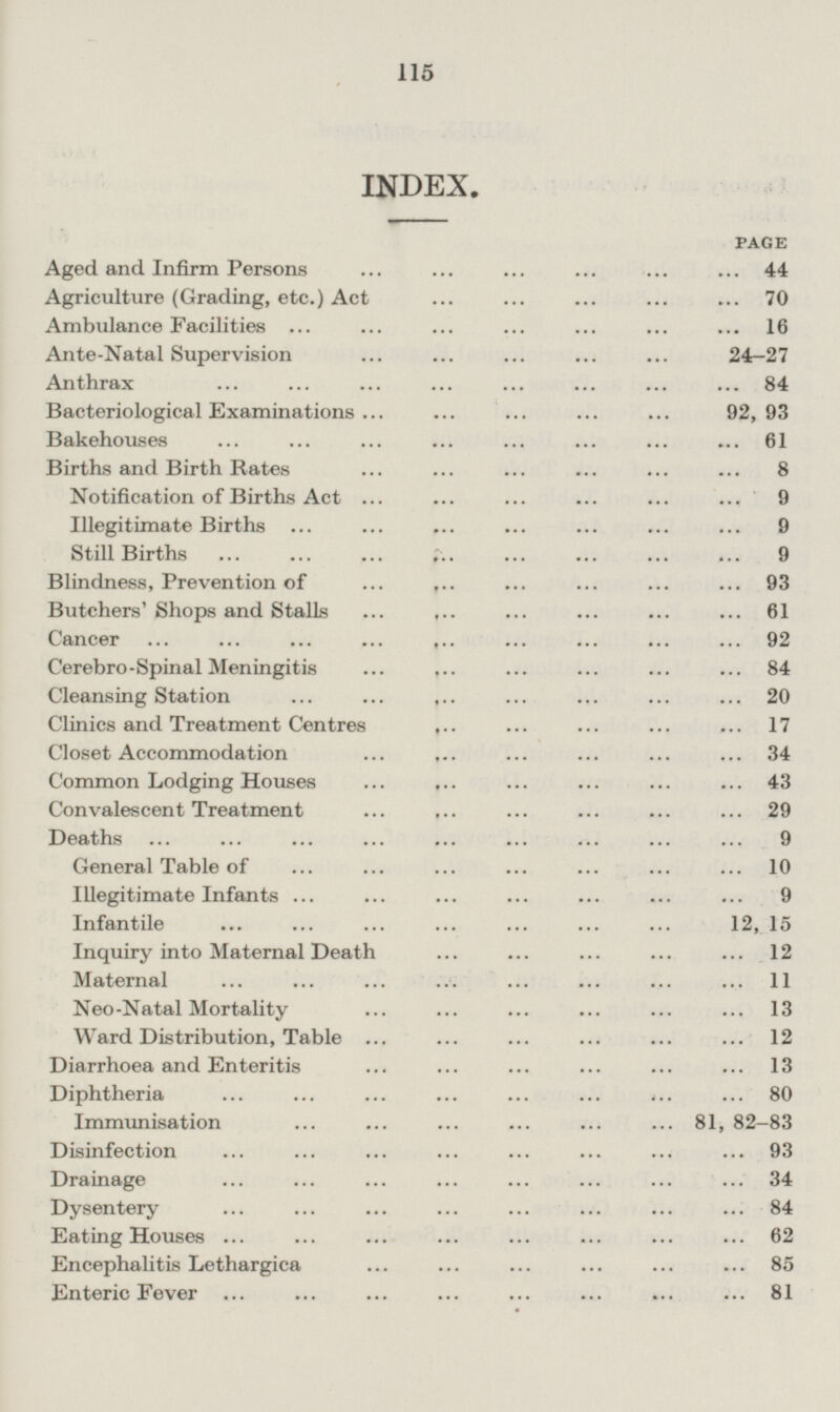INDEX. PAGE Aged and Infirm Persons 44 Agriculture (Grading, etc.) Act 70 Ambulance Facilities 16 Ante-Natal Supervision 24-27 Anthrax 84 Bacteriological Examinations 92,93 Bakehouses 61 Births and Birth Rates 8 Notification of Births Act 9 Illegitimate Births 9 Still Births 9 Blindness, Prevention of 93 Butchers' Shops and Stalls 61 Cancer 92 Cerebro-Spinal Meningitis 84 Cleansing Station 20 Clinics and Treatment Centres 17 Closet Accommodation 34 Common Lodging Houses 43 Convalescent Treatment 29 Deaths 9 General Table of 10 Illegitimate Infants 9 Infantile 12,15 Inquiry into Maternal Death 12 Maternal 11 Neo-Natal Mortality 13 Ward Distribution, Table 12 Diarrhoea and Enteritis 13 Diphtheria 80 Immunisation 81, 82-83 Disinfection 93 Drainage 34 Dysentery 84 Eating Houses 62 Encephalitis Lethargica 85 Enteric Fever 81