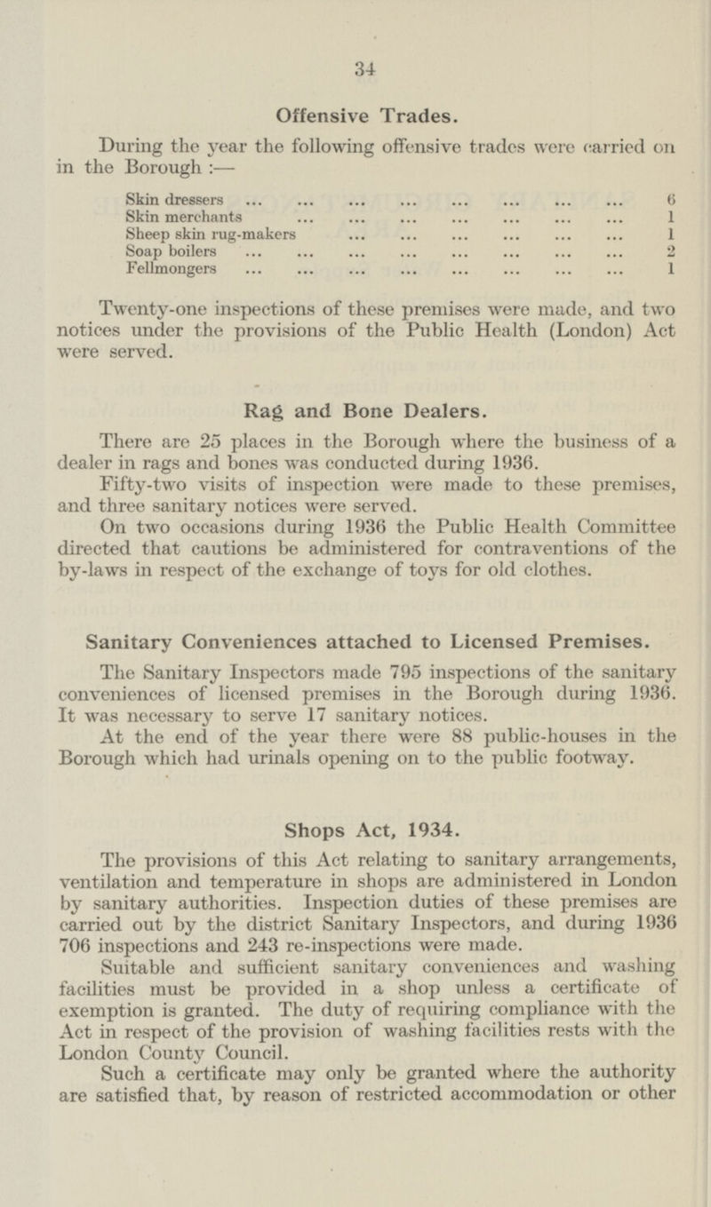 34 Offensive Trades. During the year the following offensive trades were carried on in the Borough:— Skin dressers 6 Skin merchants 1 Sheep skin rug-makers 1 Soap boilers 2 Fellmongers 1 Twenty-one inspections of these premises were made, and two notices under the provisions of the Public Health (London) Act were served. Rag and Bone Dealers. There are 25 places in the Borough where the business of a dealer in rags and bones was conducted during 1936. Fifty-two visits of inspection were made to these premises, and three sanitary notices were served. On two occasions during 1936 the Public Health Committee directed that cautions be administered for contraventions of the by-laws in respect of the exchange of toys for old clothes. Sanitary Conveniences attached to Licensed Premises. The Sanitary Inspectors made 795 inspections of the sanitary conveniences of licensed premises in the Borough during 1936. It was necessary to serve 17 sanitary notices. At the end of the year there were 88 public-houses in the Borough which had urinals opening on to the public footway. Shops Act, 1934. The provisions of this Act relating to sanitary arrangements, ventilation and temperature in shops are administered in London by sanitary authorities. Inspection duties of these premises are carried out by the district Sanitary Inspectors, and during 1936 706 inspections and 243 re-inspections were made. Suitable and sufficient sanitary conveniences and washing facilities must be provided in a shop unless a certificate of exemption is granted. The duty of requiring compliance with the Act in respect of the provision of washing facilities rests with the London County Council. Such a certificate may only be granted where the authority are satisfied that, by reason of restricted accommodation or other
