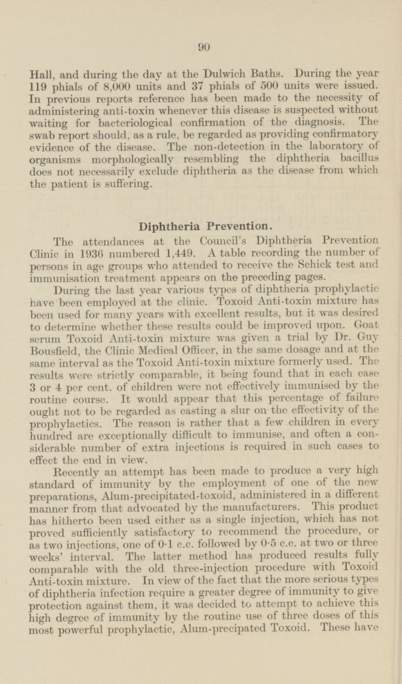 90 Hall, and during the day at the Dulwich Baths. During the year 119 phials of 8,000 units and 37 phials of 500 units were issued. In previous reports reference lias been made to the necessity of administering anti-toxin whenever this disease is suspected without waiting for bacteriological confirmation of the diagnosis. The swab report should, as a rule, be regarded as providing confirmatory evidence of the disease. The non-detection in the laboratory of organisms morphologically resembling the diphtheria bacillus does not necessarily exclude diphtheria as the disease from which the patient is suffering. Diphtheria Prevention. The attendances at the Council's Diphtheria Prevention Clinic in 1936 numbered 1,449. A table recording the number of persons in age groups who attended to receive the Schick test and immunisation treatment appears on the preceding pages. Daring the last year various types of diphtheria prophylactic have been employed at the clinic. Toxoid Anti-toxin mixture has been used for many years with excellent results, but it was desired to determine whether these results could be improved upon. Goat serum Toxoid Anti-toxin mixture was given a trial by Dr. Guy Bousfield, the Clinic Medical Officer, in the same dosage and at the same interval as the Toxoid Anti-toxin mixture formerly used. The results were strictly comparable, it being found that in each case 3 or 4 per cent, of children were not effectively immunised by the routine course. It would appear that this percentage of failure ought not to be regarded as casting a slur on the effectivity of the prophylactics. The reason is rather that a few children in every hundred are exceptionally difficult to immunise, and often a considerable number of extra injections is required in such cases to effect the end in view. Recently an attempt has been made to produce a very high standard of immunity by the employment of one of the new preparations, Alum-precipitated-toxoid, administered in a different manner from that advocated by the manufacturers. This product has hitherto been used either as a single injection, which has not proved sufficiently satisfactory to recommend the procedure, or as two injections, one of o'l c.c. followed by 0-5 c.c. at two or three weeks' interval. The latter method has produced results fully comparable with the old three-injection procedure with Toxoid Anti-toxin mixture. In view of the fact that the more serious types of diphtheria infection require a greater degree of immunity to give protection against them, it was decided to attempt to achieve this high degree of immunity by the routine use of three doses of this most powerful prophylactic, Alum-precipated Toxoid. These have