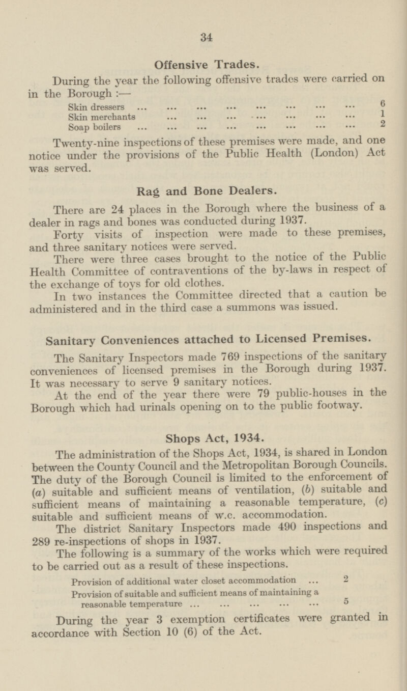 34 Offensive Trades. During the year the following offensive trades were carried on in the Borough:— Skin dressers 6 Skin merchants 1 Soap boilers 2 Twenty-nine inspections of these premises were made, and one notice under the provisions of the Public Health (London) Act was served. Rag and Bone Dealers. There are 24 places in the Borough where the business of a dealer in rags and bones was conducted during 1937. Forty visits of inspection were made to these premises, and three sanitary notices were served. There were three cases brought to the notice of the Public Health Committee of contraventions of the by-laws in respect of the exchange of toys for old clothes. In two instances the Committee directed that a caution be administered and in the third case a summons was issued. Sanitary Conveniences attached to Licensed Premises. The Sanitary Inspectors made 769 inspections of the sanitary conveniences of licensed premises in the Borough during 1937. It was necessary to serve 9 sanitary notices. At the end of the year there were 79 public-houses in the Borough which had urinals opening on to the public footway. Shops Act, 1934. The administration of the Shops Act, 1934, is shared in London between the County Council and the Metropolitan Borough Councils. The duty of the Borough Council is limited to the enforcement of (a) suitable and sufficient means of ventilation, (b) suitable and sufficient means of maintaining a reasonable temperature, (c) suitable and sufficient means of w.c. accommodation. The district Sanitary Inspectors made 490 inspections and 289 re-inspections of shops in 1937. The following is a summary of the works which were required to be carried out as a result of these inspections. Provision of additional water closet accommodation 2 Provision of suitable and sufficient means of maintaining a reasonable temperature 5 During the year 3 exemption certificates were granted in accordance with Section 10 (6) of the Act.