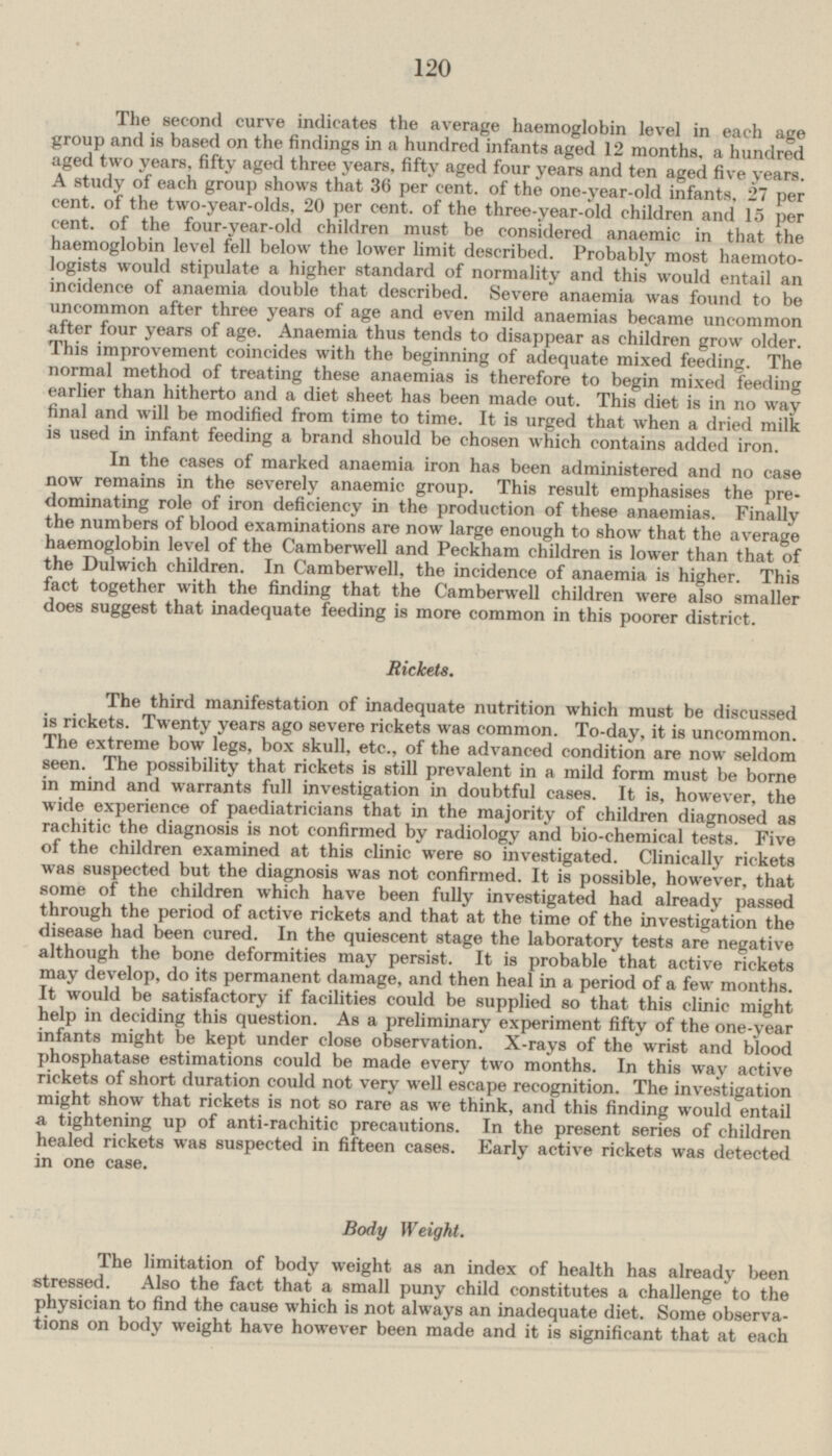 The second curve indicates the average haemoglobin level in each ace group and is based on the findings in a hundred infants aged 12 months, a hundred aged two years fifty aged three years, fifty aged four years and ten aged five years A study of each group shows that 36 per cent, of the one-year-old infants 27 per cent. of the two-year-old, 20 per cent. of the three-year-old children and 15 per cent. of the four-year-old children must be considered anaemic in that the haemoglobin level fell below the lower limit described. Probably most haemoto logists would stipulate a higher standard of normality and this would entail an incidence of anaemia double that described. Severe anaemia was found to be uncommon after three years of age and even mild anaemias became uncommon after four years of age. Anaemia thus tends to disappear as children grow older. This improvement coincides with the beginning of adequate mixed feeding. The normal method of treating these anaemias is therefore to begin mixed feeding earlier than hitherto and a diet sheet has been made out. This diet is in no way final and will be modified from time to time. It is urged that when a dried milk is used in infant feeding a brand should be chosen which contains added iron. In the cases of marked anaemia iron has been administered and no case now remains in the severely anaemic group. This result emphasises the predominating role of iron deficiency in the production of these anaemias. Finally the numbers of blood examinations are now large enough to show that the average I< ? V | t ; ° f tht : Camberwell and Peckham children is lower than that of the Dulwich children.In Camberwell, the incidence of anaemia is higher. This fact together with the finding that the Camberwell children were also smaller does suggest that inadequate feeding is more common in this poorer district. Rickets. The third manifestation of inuate nutrition which must be discussed is rickets. Twenty years ago severe rickets was common. To-day. it is uncommon. wen tI?,! Tr+ gS iw X , etC ''.?/ the advanced condition are now seldom seen. The possibility that rickets is still prevalent in a mild form must be borne in mind and warrants full investigation in doubtful cases. It is, however the wide experience of paediatricians that in the majority of children diagnosed as rachitic the diagnosis is not confirmed by radiology and bio-chemical tests. Five oi the children examined at this clinic were so investigated. Clinieallv rickets was suspected but the diagnosis was not confirmed. It is possible, however that ?wLwk ' W . lch - h , aVe be T full >' instigated had already passed through the period of active rickets and that at the time of the investigation the disease had been cured In the quiescent stage the laboratory tests are negative although the bone deformities may persist. It is probable that active rickets may develop, do its permanent damage, and then heal in a period of a few months. It would be satisfactory if facilities could be supplied so that this clinic might help m deciding this question. As a preliminary experiment fifty of the one-year infants might be kept under close observation. X-rays of the'wrist and b'lood phosphatase estimations could be made every two months. In this wav active rickets of short duration could not very well escape recognition. The investigation might show that rickets is not so rare as we think, and this finding would entail a tightening up of anti-rachitic precautions. In the present series of children healed rickets was suspected in fifteen cases. Early active rickets was detected in one case. Body Weight. The limitation of body weight as an index of health has already been stressed. Also the fact that a small puny child constitutes a challenge to the physician to find the cause which is not always an inadequate diet. Some observa tions on body weight have however been made and it is significant that at each