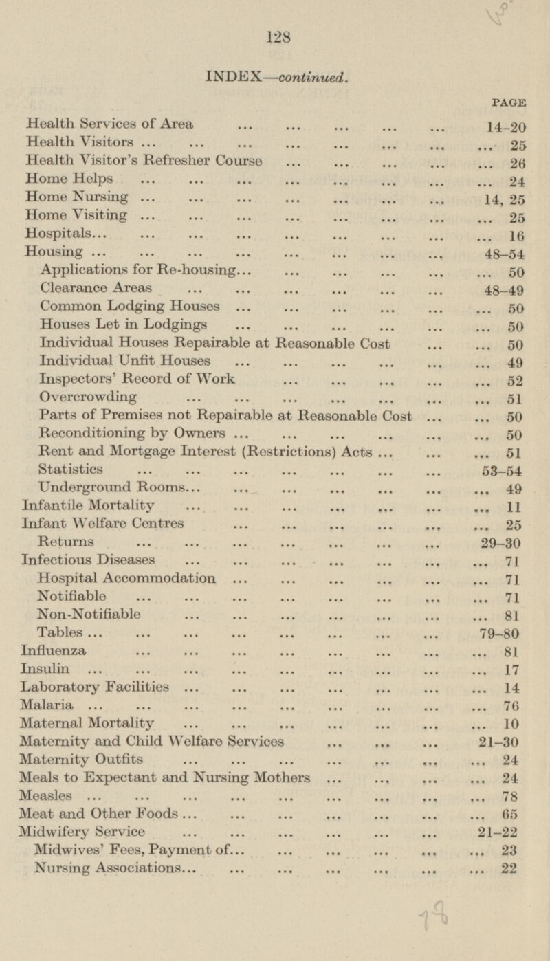 INDE X—-continued. PAGE Health Services of Area ... ... ... ... ... 14-20 Health Visitors ... ... ... ... ... ... ... ... 25 Health Visitor's Refresher Course ... ... ... ... ... 26 Home Helps ... ... ... ... ... ... ... ... 24 Home Nursing ... ... ... ... ... ... ... 14 25 Home Visiting ... ... ... ... ... ... ... ... 25 Hospitals... ... ... ... ... ... ... ... ... 16 Housing ... ... ... ... ... ... ... ... 48-54 Applications for Re-housing... ... ... ... ... ... 50 Clearance Areas ... ... ... ... ... ... 48-49 Common Lodging Houses ... ... ... ... ... ... 50 Houses Let in Lodgings ... ... ... ... ... ... 50 Individual Houses Repairable at Reasonable Cost ... ... 50 Individual Unfit Houses ... ... ... ... ... ... 49 Inspectors' Record of Work ... ... ... ... ... 52 Overcrowding ... ... ... ... ... ... ... 51 Parts of Premises not Repairable at Reasonable Cost ... ... 50 Reconditioning by Owners ... ... ... ... ... ... 50 Rent and Mortgage Interest (Restrictions) Acts ... ... ... 51 Statistics ... ... ... ... ... ... ... 53-54 Underground Rooms... ... ... ... ... ... ... 49 Infantile Mortality ... ... ... ... ... ... ... 11 Infant Welfare Centres ... ... ... ... ... 25 Returns ... ... ... ... ... ... ... 29-30 Infectious Diseases ... ... ... ... ... ... ... 71 Hospital Accommodation ... ... ... ... ... ... 71 Notifiable ... ... ... ... ... ... ... ... 71 Non-Notifiable ... ... ... ... ... ... ... 81 Tables ... ... ... ... ... ... ... ... 79-80 Influenza ... ... ... ... ... ... ... ... 81 Insulin ... ... ... ... ... ... ... ... ... 17 Laboratory Facilities ... ... ... ... ... ... ... 14 Malaria ... ... ... ... ... ... ... ... ... 76 Maternal Mortality ... ... ... ... ... ... ... 10 Maternity and Child Welfare Services ... ... ... 21-30 Maternity Outfits ... ... ... ... ... ... 24 Meals to Expectant and Nursing Mothers ... ... ... ... 24 Measles ... ... ... ... ... ... ... ... ... 78 Meat and Other Foods... ... ... ... ... 65 Midwifery Service ... ... ... ... ... ... 21-22 Midwives'Fees, Payment 0f... ... ... ... ... ... 23 Nursing Associations... ... ... ... ... ... ... 22