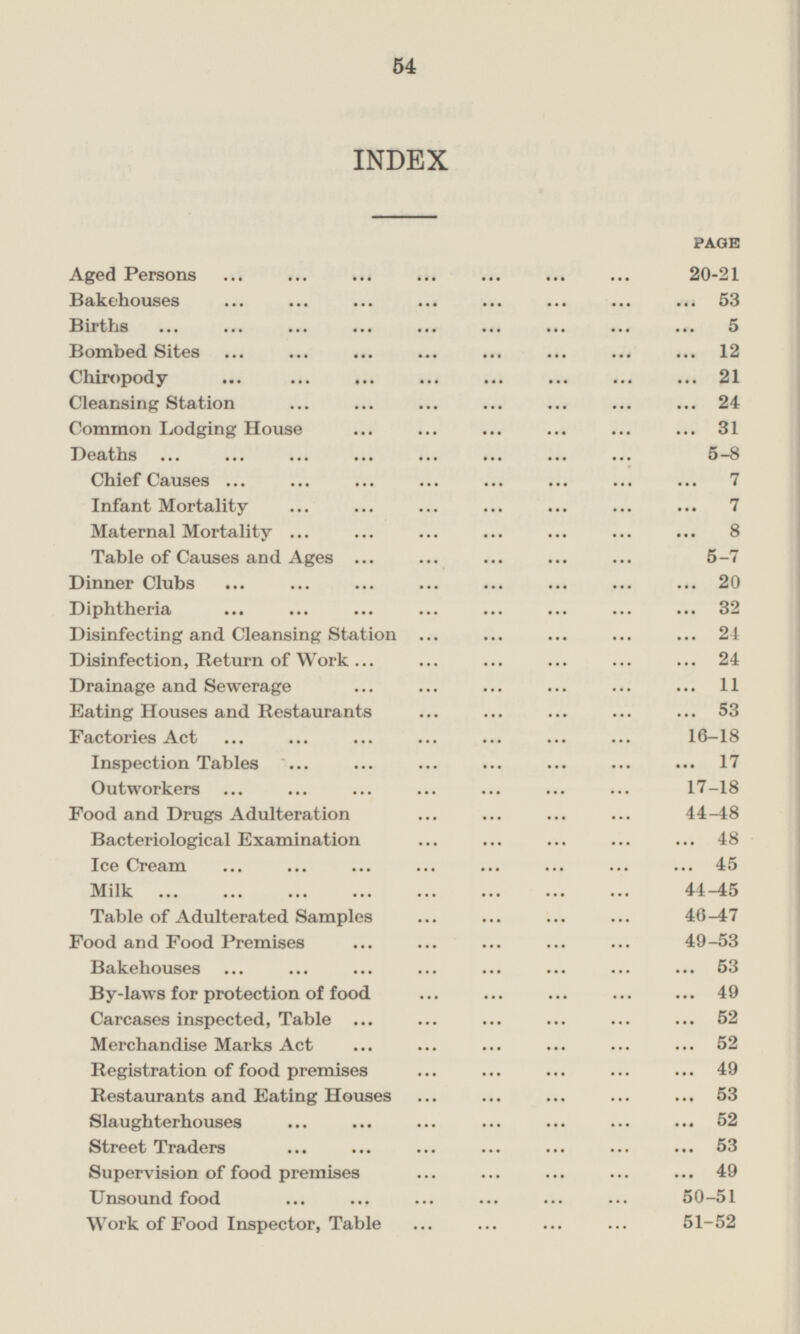 INDEX PAGE Aged Persons ... ... ... ... ... ... ... 20-21 Bakehouses ... ... ... ... ... ... ... ... 53 Births ... ... ... ... ... ... ... ... ... 5 Bombed Sites ... ... ... ... ... ... ... ... 12 Chiropody ... ... ... ... ... ... ... ... 21 Cleansing Station ... ... ... ... ... ... ... 24 Common Lodging House ... ... ... ... ... ... 31 Deaths ... ... ... ... ... ... ... ... 5-8 Chief Causes ... ... ... ... ... ... ... ... 7 Infant Mortality ... ... ... ... ... ... ... 7 Maternal Mortality ... ... ... ... ... ... ... 8 Table of Causes and Ages ... ... ... ... ... 5-7 Dinner Clubs ... ... ... ... ... ... ... ... 20 Diphtheria ... ... ... ... ... ... ... ... 32 Disinfecting and Cleansing Station ... ... ... ... ... 24 Disinfection, Return of Work... ... ... ... ... ... 24 Drainage and Sewerage ... ... ... ... ... ... 11 Eating Houses and Restaurants ... ... ... ... ... 53 Factories Act ... ... ... ... ... ... ... 16-18 Inspection Tables ... ... ... ... ... ... ... 17 Outworkers ... ... ... ... ... ... ... 17-18 Food and Drugs Adulteration ... ... ... ... 44-48 Bacteriological Examination ... ... ... ... ... 48 Ice Cream ... ... ... ... ... ... ... ... 45 Milk ... ... ... ... ... ... ... ... 44-45 Table of Adulterated Samples ... ... ... ... 46-47 Food and Food Premises ... ... ... ... ... 49-53 Bakehouses ... ... ... ... ... ... ... ... 53 By-laws for protection of food ... ... ... ... ... 49 Carcases inspected, Table ... ... ... ... ... ... 52 Merchandise Marks Act ... ... ... ... ... ... 52 Registration of food premises ... ... ... ... ... 49 Restaurants and Eating Houses ... ... ... ... ... 53 Slaughterhouses ... ... ... ... ... ... ... 52 Street Traders ... ... ... ... ... ... ... 53 Supervision of food premises ... ... ... ... ... 49 Unsound food ... ... ... ... ... ... 50-51 Work of Food Inspector, Table ... ... ... ... 51-52