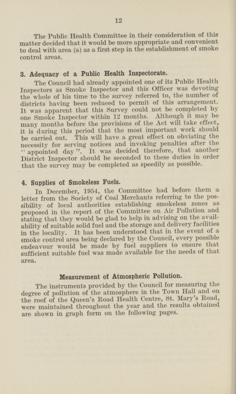 The Public Health Committee in their consideration of this matter decided that it would be more appropriate and convenient to deal with area (a) as a first step in the establishment of smoke control areas. 3. Adequacy of a Public Health Inspectorate. The Council had already appointed one of its Public Health Inspectors as Smoke Inspector and this Officer was devoting: the whole of his time to the survey referred to, the number of districts having been reduced to permit of this arrangement. It was apparent that this Survey could not be completed by one Smoke Inspector within 12 months. Although it may be many months before the provisions of the Act will take effect, it is during this period that the most important work should be carried out. This will have a great effect on obviating the necessity for serving notices and invoking penalties after the appointed day. It was decided therefore, that another District Inspector should be seconded to these duties in order that the survey may be completed as speedily as possible. 4. Supplies of Smokeless Fuels. In December, 1954, the Committee had before them a letter from the Society of Coal Merchants referring to the possibility of local authorities establishing smokeless zones as proposed in the report of the Committee on Air Pollution and stating that they would be glad to help in advising on the availability of suitable solid fuel and the storage and delivery facilities in the locality. It has been understood that in the event of a smoke control area being declared by the Council, every possible endeavour would be made by fuel suppliers to ensure that sufficient suitable fuel was made available for the needs of that area. Measurement of Atmospheric Pollution. The instruments provided by the Council for measuring the degree of pollution of the atmosphere in the Town Hall and on the roof of the Queen's Road Health Centre, St. Mary's Road, were maintained throughout the year and the results obtained are shown in graph form on the following pages.