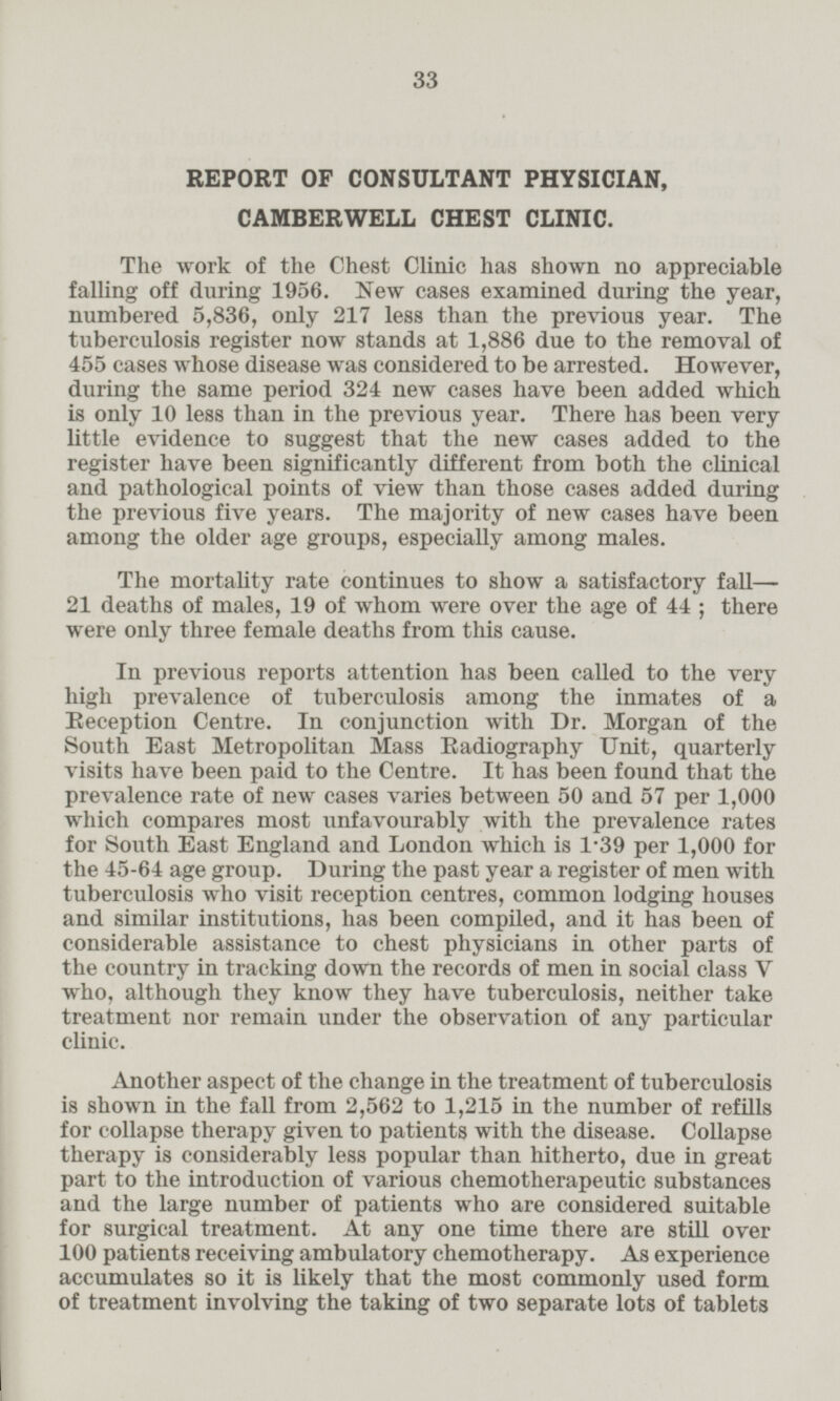 REPORT OF CONSULTANT PHYSICIAN, CAMBERWELL CHEST CLINIC. The work of the Chest Clinic has shown no appreciable falling off during 1956. New cases examined during the year, numbered 5,836, only 217 less than the previous year. The tuberculosis register now stands at 1,886 due to the removal of 455 cases whose disease was considered to be arrested. However, during the same period 324 new cases have been added which is only 10 less than in the previous year. There has been very little evidence to suggest that the new cases added to the register have been significantly different from both the clinical and pathological points of view than those cases added during the previous five years. The majority of new cases have been among the older age groups, especially among males. The mortality rate continues to show a satisfactory fall— 21 deaths of males, 19 of whom were over the age of 44; there were only three female deaths from this cause. In previous reports attention has been called to the very high prevalence of tuberculosis among the inmates of a Reception Centre. In conjunction with Dr. Morgan of the South East Metropolitan Mass Radiography Unit, quarterly visits have been paid to the Centre. It has been found that the prevalence rate of new cases varies between 50 and 57 per 1,000 which compares most unfavourably with the prevalence rates for South East England and London which is 1·39 per 1,000 for the 45-64 age group. During the past year a register of men with tuberculosis who visit reception centres, common lodging houses and similar institutions, has been compiled, and it has been of considerable assistance to chest physicians in other parts of the country in tracking down the records of men in social class V who, although they know they have tuberculosis, neither take treatment nor remain under the observation of any particular clinic. Another aspect of the change in the treatment of tuberculosis is shown in the fall from 2,562 to 1,215 in the number of refills for collapse therapy given to patients with the disease. Collapse therapy is considerably less popular than hitherto, due in great part to the introduction of various chemotherapeutic substances and the large number of patients who are considered suitable for surgical treatment. At any one time there are still over 100 patients receiving ambulatory chemotherapy. As experience accumulates so it is likely that the most commonly used form of treatment involving the taking of two separate lots of tablets