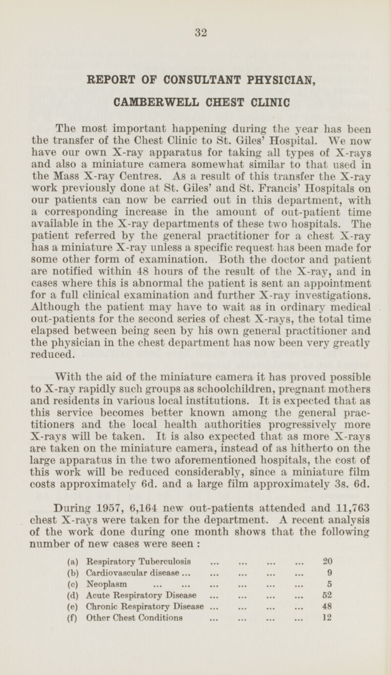 REPORT OF CONSULTANT PHYSICIAN, CAMBERWELL CHEST CLINIC The most important happening during the year has been the transfer of the Chest Clinic to St. Giles' Hospital. We now have our own X-ray apparatus for taking all types of X-rays and also a miniature camera somewhat similar to that used in the Mass X-ray Centres. As a result of this transfer the X-ray work previously done at St. Giles' and St. Francis' Hospitals on our patients can now be carried out in this department, with a corresponding increase in the amount of out-patient time available in the X-ray departments of these two hospitals. The patient referred by the general practitioner for a chest X-ray has a miniature X-ray unless a specific request has been made for some other form of examination. Both the doctor and patient are notified within 48 hours of the result of the X-ray, and in cases where this is abnormal the patient is sent an appointment for a full clinical examination and further X-ray investigations. Although the patient may have to wait as in ordinary medical out-patients for the second series of chest X-rays, the total time elapsed between being seen by his own general practitioner and the physician in the chest department has now been very greatly reduced. With the aid of the miniature camera it has proved possible to X-ray rapidly such groups as schoolchildren, pregnant mothers and residents in various local institutions. It is expected that as this service becomes better known among the general practitioners and the local health authorities progressively more X-rays will be taken. It is also expected that as more X-rays are taken on the miniature camera, instead of as hitherto on the large apparatus in the two aforementioned hospitals, the cost of this work will be reduced considerably, since a miniature film costs approximately 6d. and a large film approximately 3s. 6d. During 1957, 6,164 new out-patients attended and 11,763 chest X-rays were taken for the department. A recent analysis of the work done during one month shows that the following number of new cases were seen : (a) Respiratory Tuberculosis 20 (b) Cardiovascular disease 9 (c) Neoplasm 5 (d) Acute Respiratory Disease 52 (e) Chronic Respiratory Disease 48 (f) Other Chest Conditions 12