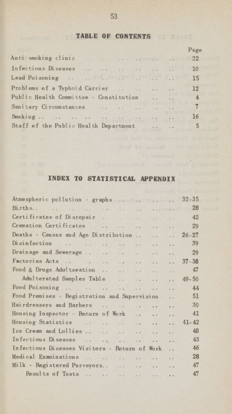 TABLE OF CONTENTS Page Anti smoking clinic 22 Infectious Diseases 10 Lead Poisoning 15 Problems of a Typhoid Carrier 12 Public Health Committee - Constitution 4 Sanitary Circumstances 7 Smoking 16 Staff of the Public Health Department 5 INDEX TO STATISTICAL APPENDIX Atmospheric pollution graphs 32-35 Births 28 Certificates of Disrepair 42 Cremation Certificates 29 Deaths - Causes and Age Distribution 26-27 Disinfection 39 Drainage and Sewerage 29 Factories Acts 37-38 Food & Drugs Adulteration 47 Adulterated Samples Table 49-50 Food Poisoning 44 Food Premises - Registration and Supervision 51 Hairdressers and Barbers 30 Housing Inspector-Return of Work 41 Housing Statistics 41 - 42 Ice Cream and Lollies 48 Infectious Diseases 43 Infectious Diseases Visitors - Return of Work 46 Medical Examinations 28 Milk - Registered Purveyors 47 Results of Tests 47