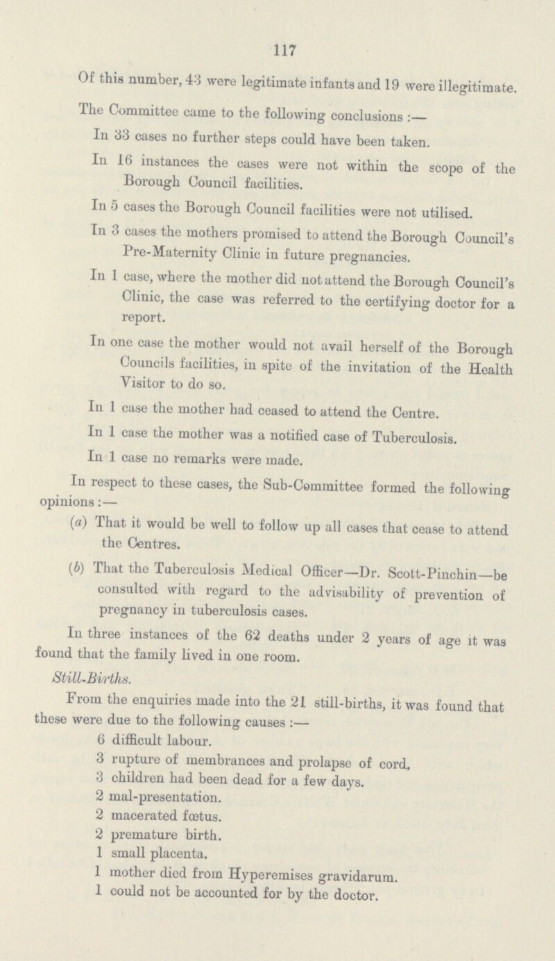 117 Of this number, 4.3 were legitimate infants and 19 were illegitimate. The Committee came to the following conclusions:— In 33 cases no further steps could have been taken. In 16 instances the cases were not within the scope of the Borough Council facilities. In 5 cases the Borough Council facilities were not utilised. In 3 cases the mothers promised to attend the Borough Council's Pre-Maternity Clinic in future pregnancies. In 1 case, where the mother did not attend the Borough Council's Clinic, the case was referred to the certifying doctor for a report. In one case the mother would not avail herself of the Borough Councils facilities, in spite of the invitation of the Health Visitor to do so. In 1 case the mother had ceased to attend the Centre. In 1 case the mother was a notified case of Tuberculosis. In 1 case no remarks were made. In respect to these cases, the Sub-Committee formed the following opinions:— (а) That it would be well to follow up all cases that cease to attend the Centres. (b) That the Tuberculosis Medical Officer—Dr. Scott-Pinchin—be consulted with regard to the advisability of prevention of pregnancy in tuberculosis cases. In three instances of the 62 deaths under 2 years of age it was found that the family lived in one room. Still-Births. From the enquiries made into the 21 still-births, it was found that these were due to the following causes:— 6 difficult labour. 3 rupture of membrances and prolapse of cord. 3 children had been dead for a few days. 2 mal-presentation. 2 macerated foetus. 2 premature birth. 1 small placenta. 1 mother died from Hyperemises gravidarum. 1 could not be accounted for by the doctor.