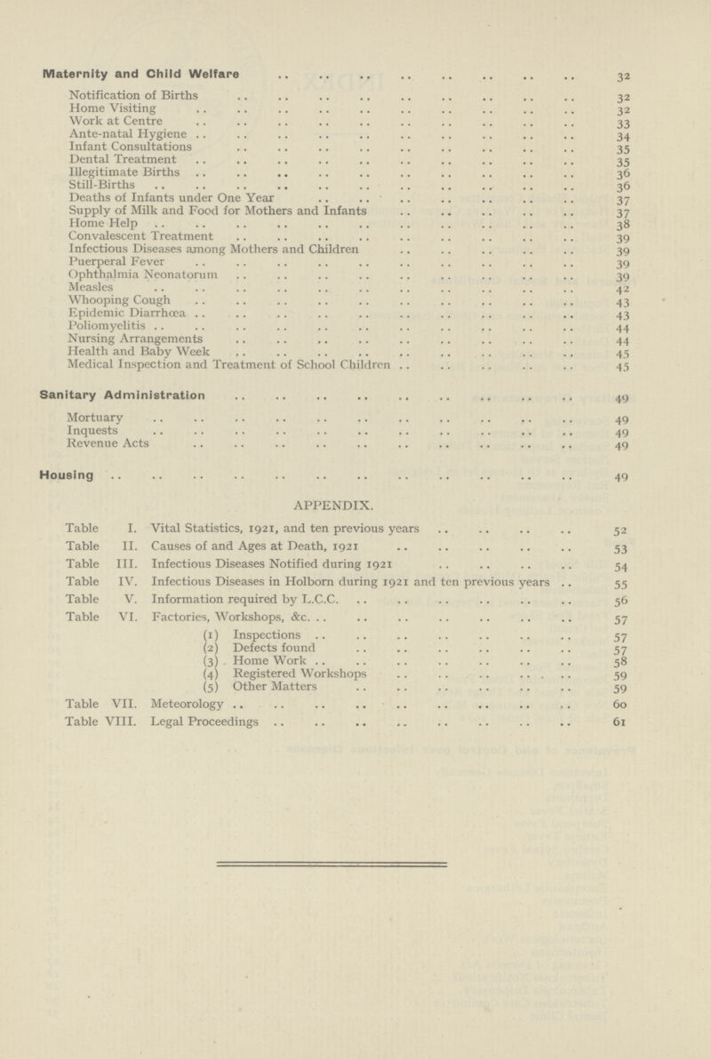 Maternity and Child Welfare 32 Notification of Births 32 Home Visiting 32 Work at Centre 33 Ante-natal Hygiene 34 Infant Consultations 35 Dental Treatment 35 Illegitimate Births 36 Still-Births 36 Deaths of Infants under One Year 37 Supply of Milk and Food for Mothers and Infants 37 Home Help 38 Convalescent Treatment 39 Infectious Diseases among Mothers and Children 39 Puerperal Fever 39 Ophthalmia Neonatorum 39 Measles 42 Whooping Cough 43 Epidemic Diarrhoea 43 Poliomyelitis 44 Nursing Arrangements 44 Health and Baby Week 45 Medical Inspection and Treatment of School Children 45 Sanitary Administration 49 Mortuary 49 Inquests 49 Revenue Acts 49 Housing 49 APPENDIX. Table I. Vital Statistics, 1921, and ten previous years 52 Table II. Causes of and Ages at Death, 1921 53 Table III. Infectious Diseases Notified during 1921 54 Table IV. Infectious Diseases in Holborn during 1921 and ten previous years 55 Table V. Information required by L.C.C.56 Table VI. Factories, Workshops, &c 57 (1) Inspections 57 (2) Defects found 57 (3) Home Work 38 (4) Registered Workshops59 (5) Other Matters 59 Table VII. Meteorology 60 Table VIII. Legal Proceedings 61