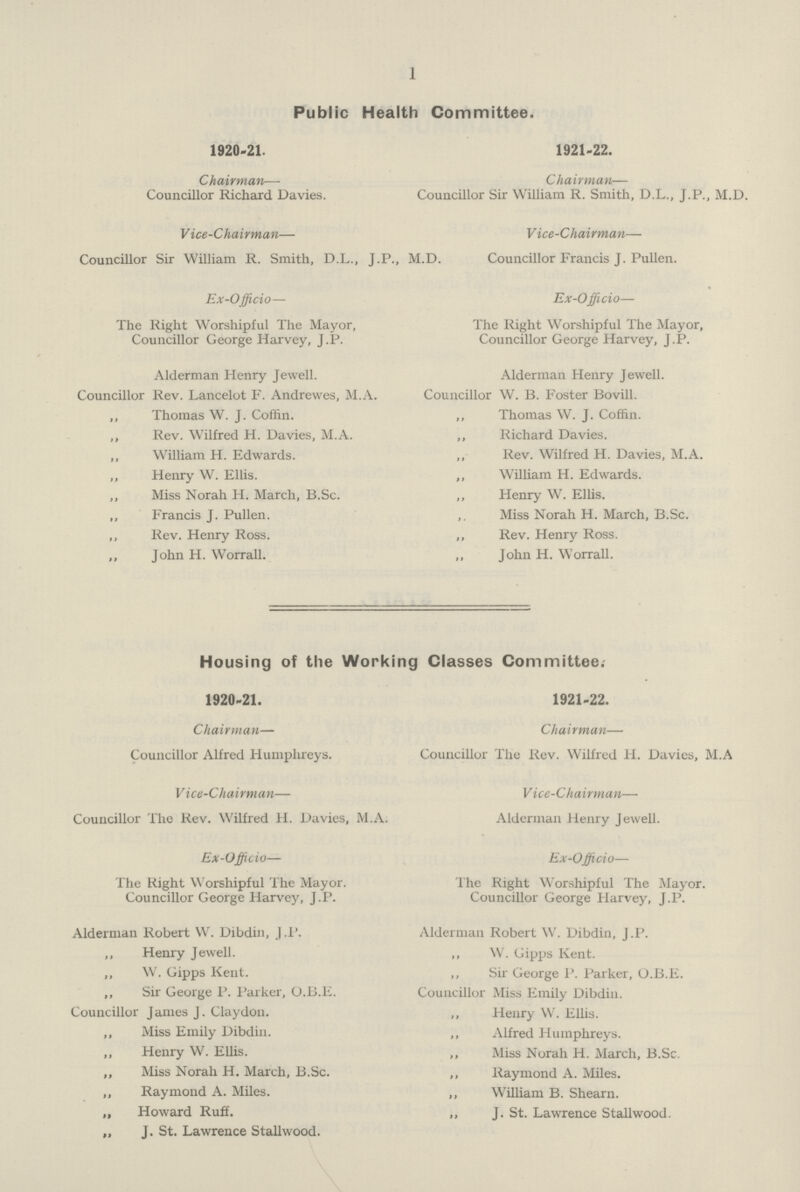 1 Public Health Committee. 1920-21. 1921-22. Chairman— Chairman— Councillor Richard Davies. Councillor Sir William R. Smith, D.L., J.P., M.D. Vice-Chairman— Vice-Chairman— Councillor Sir William R. Smith, D.L., J.P., M.D. Councillor Francis J. Pullen. Ex-Officio— Ex-Officio— The Right Worshipful The Mayor, The Right Worshipful The Mayor, Councillor George Harvey, J.P. Councillor George Harvey, J.P. Alderman Henry Jewell. Alderman Henry Jewell. Councillor Rev. Lancelot F. Andrewes, M.A. Councillor W. B. Foster Boviil. ,, Thomas W. J. Coffin. ,, Thomas W. J. Coffin. ,, Rev. Wilfred H. Davies, M.A. ,, Richard Davies. ,, William H. Edwards. ,, Rev. Wilfred H. Davies, M.A. ,, Henry W. Ellis. ,, William H. Edwards. ,, Miss Norah H. March, B.Sc. ,, Henry W. Ellis. ,, Francis J. Pullen. ,. Miss Norah H. March, B.Sc. ,, Rev. Henry Ross. ,, Rev. Henry Ross. ,, John H. Worrall. „ John H. Worrall. Housing of the Working Classes Committee.- 1920-21. 1921-22. Chairman— Chairman— Councillor Alfred Humphreys. Councillor The Rev. Wilfred H. Davies, M.A Vice-Chairman— Vice-Chairman— Councillor The Rev. Wilfred H. Davies, M.A. Alderman Henry Jewell. Ex-Officio— Ex-Officio— The Right Worshipful The Mayor. The Right Worshipful The Mayor. Councillor George Harvey, J.P. Councillor George Harvey, J.P. Alderman Robert VV. Dibdin, J.P. Alderman Robert W. Dibdin, J.P. ,, Henry Jewell. ,, W. Gipps Kent. ,, W. Gipps Kent. ,, Sir George P. Parker, O.B.E. ,, Sir George P. Parker, O.B.E. Councillor Miss Emily Dibdin. Councillor James J. Claydon. ,, Henry W. Ellis. „ Miss Emily Dibdin. ,, Alfred Humphreys. Henry W. Ellis. „ Miss Norah H. March, B.Sc. „ Miss Norah H. March, B.Sc. ,, Raymond A. Miles. ,, Raymond A. Miles. ,, William B. Shearn. „ Howard Ruff. ,, J. St. Lawrence Stallwood. „ J. St. Lawrence Stallwood.