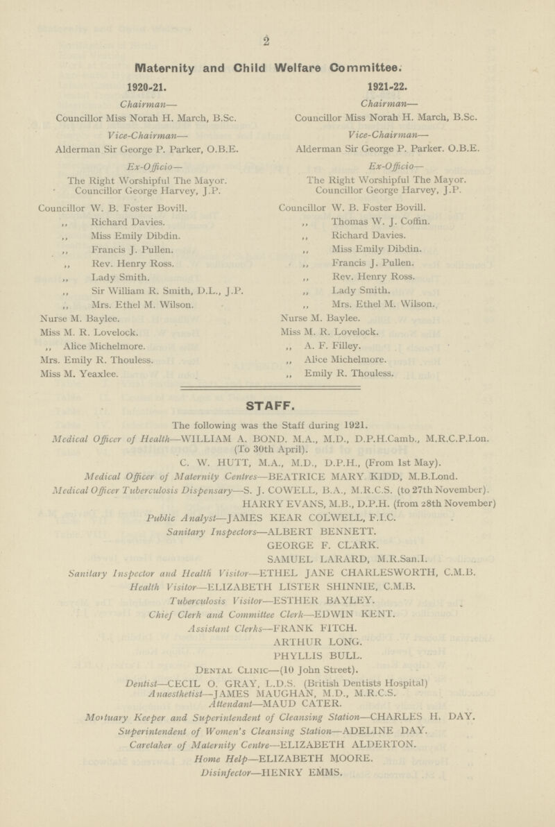 2 Maternity and Child Welfare Committee. 1920-21. 1921-22. Chairman— Chairman— Councillor Miss Norah H. March, B.Sc. Councillor Miss Norah H. March, B.Sc, Vice-Chairman— Vice-Chairman— Alderman Sir George P. Parker, O.B.E. Alderman Sir George P. Parker. O.B.E Ex-Officio— Ex-Officio— The Right Worshipful The Mayor. The Right Worshipful The Mayor. Councillor George Harvey, J.P. Councillor George Harvey, J.P. Councillor W. B. Foster Bovill. Councillor W. B. Foster Bovill. Richard Davies. ,, Thomas W. J. Coffin. ,, Miss Emily Dibdin. ,, Richard Davies. ,, Francis J. Pullen. ,, Miss Emily Dibdin. Rev. Henry Ross. ,, Francis J. Pullen. Lady Smith. ,, Rev. Henry Ross. ,, Sir William R. Smith, D.L., J.P. ,, Lady Smith. Mrs. Ethel M. Wilson. ,, Mrs. Ethel M. Wilson. Nurse M. Baylee. Nurse M. Bavlee. Miss M. R. Lovelock. Miss M. R. Lovelock. ,, Alice Michelmore. ,, A. F. Filley. Mrs. Emily R. Thouless. „ AL'ce Michelmore. Miss M. Yeaxlee. ,, Emily R. Thouless. STAFF. The following was the Staff during 1921. Mcdical Officer of Health—WILLIAM A. BOND. M.A., M.D., D.P.H.Camb., M.R.C.P.Lon. (To 30th April). C. W. HUTT, M.A., M.D., D.P.H., (From 1st May). Medical Officer of Maternity Centres—BEATRICE MARY KIDD, M.B.Lond. Medical Officer Tuberculosis Dispensary—S. J. COWELL, B.A., M.R.C.S. (to 27th November). HARRY EVANS, M.B., D.P.H. (from 28th November) Public Analyst—JAMES KEAR COLWELL, F.I.C. Sanitary Inspectors—ALBERT BENNETT. GEORGE F. CLARK. SAMUEL LARARD, M.R.San.I. Sanitary Inspector and Health Visitor—ETHEL JANE CHARLESWORTH, C.M.B. Health Visitor—ELIZABETH LISTER SHINNIE, C.M.B. Tuberculosis Visitor—ESTHER BAYLEY. Chief Clerk and Committee Clerk—-EDWIN KENT. Assistant Clerks—FRANK FITCH. ARTHUR LONG. PHYLLIS BULL. Dental Clinic—(10 John Street). Dentist—CECIL O. GRAY, L.D.S. (British Dentists Hospital) Anaesthetist—JAMES MAUGHAN, M.D., M.R.C.S, Attendant—MAUD CATER. Moituary Keeper and Superintendent of Cleansing Station—CHARLES II. DAY. Superintendent of Women's Cleansing Station—ADELINE DAY. Caretaker of Maternity Centre—ELIZABETH ALDERTON. Home Help—ELIZABETH MOORE. Disinfector—HENRY EMMS.