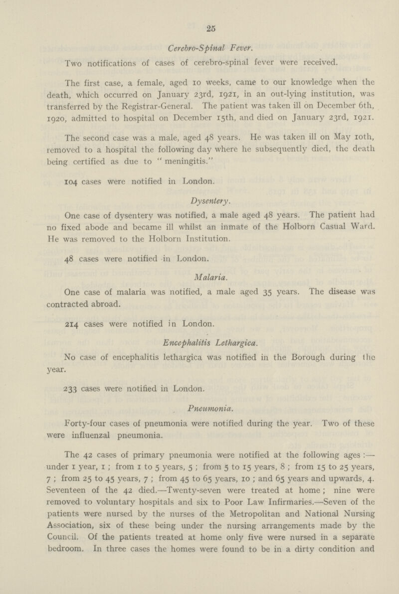 25 Cerebro-Spinal Fever. Two notifications of cases of cerebro-spinal fever were received. The first case, a female, aged 10 weeks, came to our knowledge when the death, which occurred on January 23rd, 1921, in an out-lying institution, was transferred by the Registrar-General. The patient was taken ill on December 6th, 1920, admitted to hospital on December 15th, and died on January 23rd, 1921. The second case was a male, aged 48 years. He was taken ill on May 10th, removed to a hospital the following day where he subsequently died, the death being certified as due to meningitis. 104 cases were notified in London. Dysentery. One case of dysentery was notified, a male aged 48 years. The patient had no fixed abode and became ill whilst an inmate of the Holborn Casual Ward. He was removed to the Holborn Institution. 48 cases were notified in London. Malaria. One case of malaria was notified, a male aged 35 years. The disease was contracted abroad. 214 cases were notified in London. Encephalitis Lethargica. No case of encephalitis lethargica was notified in the Borough during the year. 233 cases were notified in London. Pneumonia. Forty-four cases of pneumonia were notified during the year. Two of these were influenzal pneumonia. The 42 cases of primary pneumonia were notified at the following ages:— under 1 year, 1; from 1 to 5 years, 5; from 5 to 15 years, 8; from 15 to 25 years, 7; from 25 to 45 years, 7; from 45 to 65 years, 10; and 65 years and upwards, 4. Seventeen of the 42 died.—Twenty-seven were treated at home; nine were removed to voluntary hospitals and six to Poor Law Infirmaries.—Seven of the patients were nursed by the nurses of the Metropolitan and National Nursing Association, six of these being under the nursing arrangements made by the Council. Of the patients treated at home only five were nursed in a separate bedroom. In three cases the homes were found to be in a dirty condition and