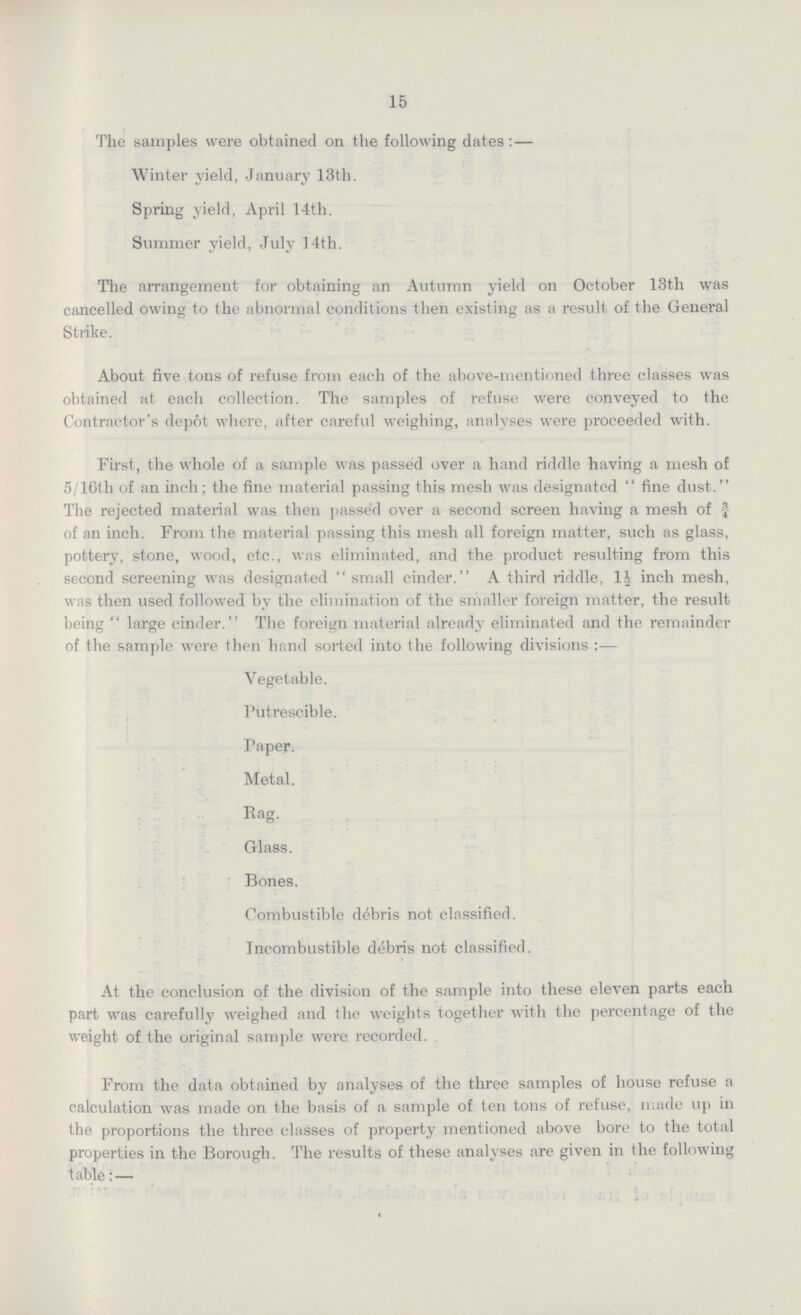 15 The samples were obtained on the following dates: — Winter yield, January 13th. Spring yield, April 14th. Summer yield, July 14th. The arrangement for obtaining an Autumn yield on October 13th was cancelled owing to the abnormal conditions then existing as a result of the General Strike. About five tons of refuse from each of the above-mentioned three classes was obtained at each collection. The samples of refuse were conveyed to the Contractor's depot where, after careful weighing, analyses were proceeded with. First, the whole of a sample was passed over a hand riddle having a mesh of 5/16th of an inch; the fine material passing this mesh was designated  fine dust. The rejected material was then passed over a second screen having a mesh of ¾ of an inch. From the material passing this mesh all foreign matter, such as glass, pottery, stone, wood, etc., was eliminated, and the product resulting from this second screening was designated small cinder. A third riddle, 1½ inch mesh, was then used followed by the elimination of the smaller foreign matter, the result being large cinder. The foreign material already eliminated and the remainder of the sample were then hand sorted into the following divisions :— Vegetable. Putrescible. Paper. Metal. Bag. Glass. Bones. Combustible debris not classified. Incombustible debris not classified. At the conclusion of the division of the sample into these eleven parts each part was carefully weighed and the weights together with the percentage of the weight of the original sample were recorded. From the data obtained by analyses of the three samples of house refuse a calculation was made on the basis of a sample of ten tons of refuse, made up in the proportions the three classes of property mentioned above bore to the total properties in the Borough. The results of these analyses are given in the following table: —