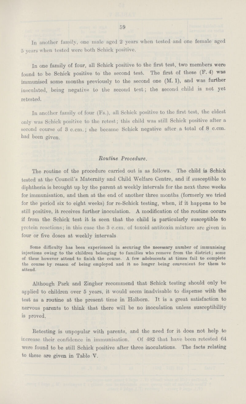 59 In another family, one male aged 2 years when tested and one female aged 5 years when tested were both Schick positive. In one family of four, all Schick positive to the first test, two members were found to be Schick positive to the second test. The first of these (F. 4) was immunised some months previously to the second one (M. 1), and was further inoculated, being negative to the second test; the second child is not yet retested. In another family of four (Fs.), all Schick positive to the first test, the eldest only was Schick posit ive to the retest; this child was still Schick positive after a second course of 3 c.cm.; she became Schick negative after a total of 8 c.cm. had been given. Routine Procedure. The routine of the procedure carried out is as follows. The child is Schick tested at the Council's Maternity and Child Welfare Centre, and if susceptible to diphtheria is brought up by the parent at weekly intervals for the next three weeks for immunisation, and then at the end of another three months (formerly we tried for the period six to eight weeks) for re-Schick testing, when, if it happens to be still positive, it receives further inoculation. A modification of the routine occurs if from the Schick test it is seen that the child is particularly susceptible to protein reactions; in this case the 3 c.cm. of toxoid antitoxin mixture are given in four or five doses at weekly intervals Some difficulty has been experienced in securing the necessary number of immunising injections owing to the children belonging to families who remove from the district; some of these however attend to finish the course. A few adolescents at times fail to complete the course by reason of being employed and it no longer being convenient for them to attend. Although Park and Zingher recommend that Schick testing should only be applied to children over 5 years, it would seem inadvisable to dispense with the test as a routine at the present time in Holborn. It is a great satisfaction to nervous parents to think that there will be no inoculation unless susceptibility is proved. Retesting is unpopular with parents, and the need for it does not help to increase their confidence in immunisation. Of 482 that have been retested 64 were found to be still Schick positive after three inoculations. The facts relating to these are given in Table V.