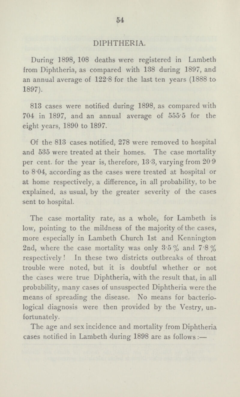 54 DIPHTHERIA. During 1898, 108 deaths were registered in Lambeth from Diphtheria, as compared with 138 during 1897, and an annual average of 122.8 for the last ten years (1888 to 1897). 813 cases were notified during 1898, as compared with 704 in 1897, and an annual average of 555.5 for the eight years, 1890 to 1897. Of the 813 cases notified, 278 were removed to hospital and 535 were treated at their homes. The case mortality per cent. for the year is, therefore, 13.3, varying from 20.9 to 8.04, according as the cases were treated at hospital or at home respectively, a difference, in all probability, to be explained, as usual, by the greater severity of the cases sent to hospital. The case mortality rate, as a whole, for Lambeth is low, pointing to the mildness of the majority of the cases, more especially in Lambeth Church 1st and Kennington 2nd, where the case mortality was only 3.5% and 7.8% respectively! In these two districts outbreaks of throat trouble were noted, but it is doubtful whether or not the cases were true Diphtheria, with the result that, in all probability, many cases of unsuspected Diphtheria were the means of spreading the disease. No means for bacterio logical diagnosis were then provided by the Vestry, un fortunately.