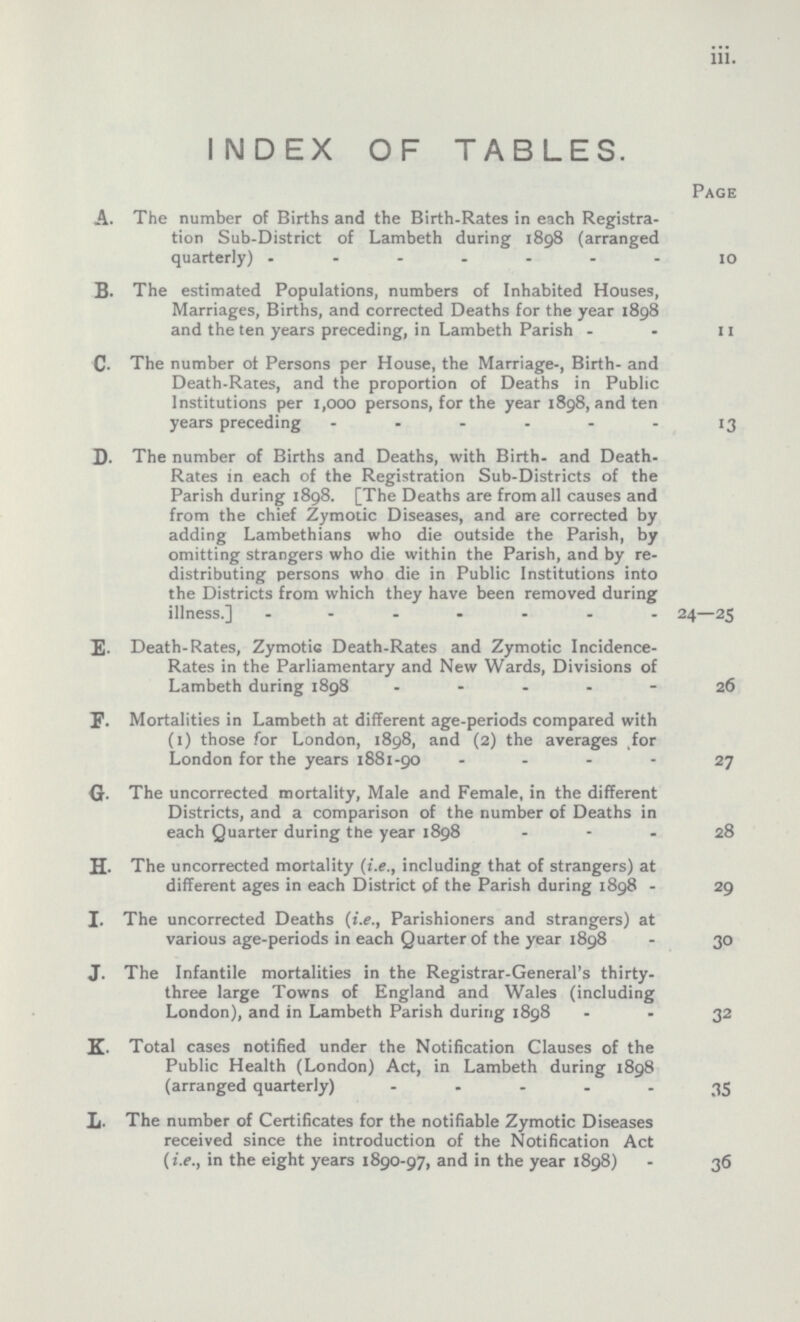 iii. INDEX OF TABLES. Page A. The number of Births and the Birth-Rates in each Registra¬ tion Sub-District of Lambeth during 1898 (arranged quarterly)10 B. The estimated Populations, numbers of Inhabited Houses, Marriages, Births, and corrected Deaths for the year 1898 and the ten years preceding, in Lambeth Parish 11 C. The number of Persons per House, the Marriage-, Birth- and Death-Rates, and the proportion of Deaths in Public Institutions per 1,000 persons, for the year 1898, and ten years preceding 13 D. The number of Births and Deaths, with Birth- and Death Rates in each of the Registration Sub-Districts of the Parish during 1898. [The Deaths are from all causes and from the chief Zymotic Diseases, and are corrected by adding Lambethians who die outside the Parish, by omitting strangers who die within the Parish, and by re distributing persons who die in Public Institutions into the Districts from which they have been removed during illness.] 24—25 E. Death-Rates, Zymotic Death-Rates and Zymotic Incidence Rates in the Parliamentary and New Wards, Divisions of Lambeth during 1898 26 F. Mortalities in Lambeth at different age-periods compared with (1) those for London, 1898, and (2) the averages for London for the years 1881-90 27 G. The uncorrected mortality, Male and Female, in the different Districts, and a comparison of the number of Deaths in each Quarter during the year 1898 28 H. The uncorrected mortality (i.e., including that of strangers) at different ages in each District of the Parish during 1898 - 29 I. The uncorrected Deaths (i.e., Parishioners and strangers) at various age-periods in each Quarter of the year 1898 30 J. The Infantile mortalities in the Registrar-General's thirty three large Towns of England and Wales (including London), and in Lambeth Parish during 1898 32 K. Total cases notified under the Notification Clauses of the Public Health (London) Act, in Lambeth during 1898 (arranged quarterly) 35 L. The number of Certificates for the notifiable Zymotic Diseases received since the introduction of the Notification Act (i.e., in the eight years 1890-97, and in the year 1898) 36