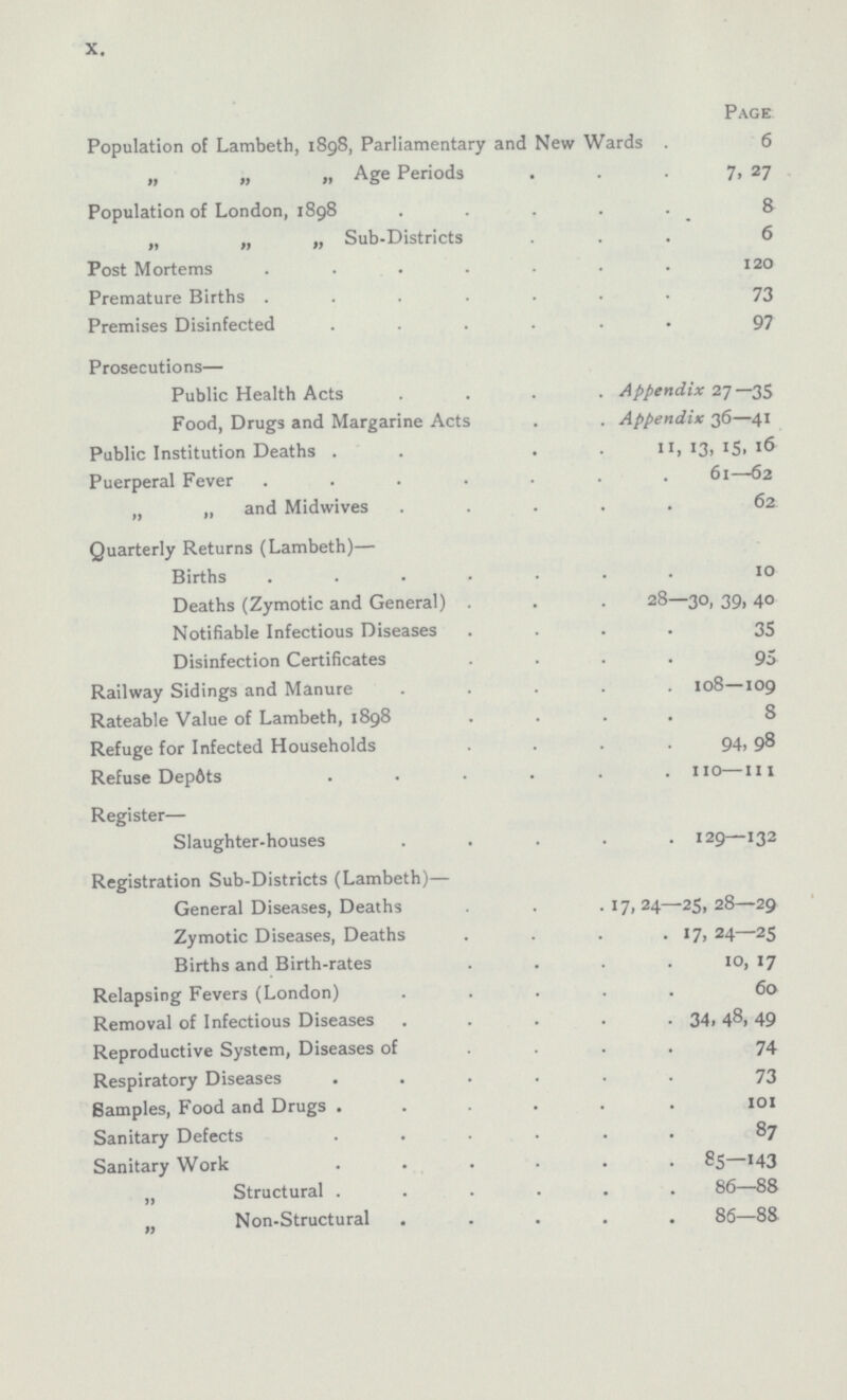 X. Page Population of Lambeth, 1898, Parliamentary and New Wards 6 „ „ „Age Periods 7, 27 Population of London, 1898 8 „ „ „ Sub-Districts 6 Post Mortems 120 Premature Births 73 Premises Disinfected 97 Prosecutions— Public Health Acts Appendix 27—35 Food, Drugs and Margarine Acts Appendix 36—41 Public Institution Deaths 11,13,15,16 Puerperal Fever 61—62 „ „ and Midwives 62 Quarterly Returns (Lambeth)— Births 10 Deaths (Zymotic and General) 28—30, 39, 40 Notifiable Infectious Diseases 35 Disinfection Certificates 95 Railway Sidings and Manure 108—109 Rateable Value of Lambeth, 1898 8 Refuge for Infected Households 94, 98 Refuse Depots 110—111 Register— Slaughter-houses 129—132 Registration Sub-Districts (Lambeth)— General Diseases, Deaths 17,24—25,28—29 Zymotic Diseases, Deaths 17, 24—25 Births and Birth-rates 10, 17 Relapsing Fevers (London) 60 Removal of Infectious Diseases 34. 48, 49 Reproductive System, Diseases of 74 Respiratory Diseases 73 Samples, Food and Drugs 101 Sanitary Defects 87 Sanitary Work 85—143 „ Structural 86—88 „ Non-Structural 86—88