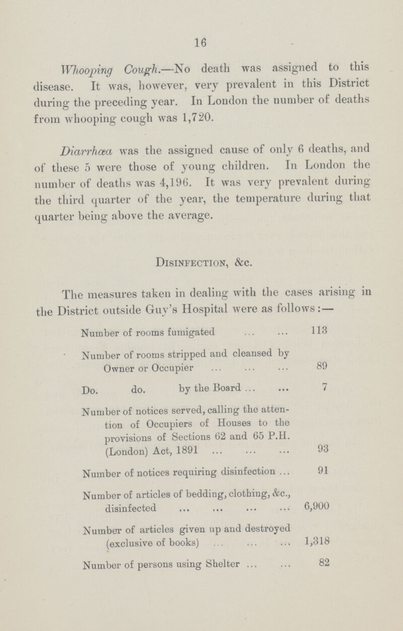 16 Whooping Cough.—No death was assigned to this disease. It was, however, very prevalent in this District during the preceding year. In London the number of deaths from whooping cough was 1,720. Diarrhoea was the assigned cause of only 6 deaths, and of these 5 were those of young children. In London the number of deaths was 4,196. It was very prevalent during the third quarter of the year, the temperature during that quarter being above the average. The measures taken in dealing with the cases arising in the District outside Guy's Hospital were as follows:— Number of rooms fumigated 113 Number of rooms stripped and cleansed by Owner or Occupier 89 Do. do. by the Board 7 Number of notices served, calling the atten tion of Occupiers of Houses to the provisions of Sections 02 and 65 P.H. (London) Act, 1891 93 Number of notices requiring disinfection 91 Number of articles of bedding, clothing, &c., disinfected 6,900 Number of articles given up and destroyed (exclusive of books) 1,318 Number of persons using Shelter 82 Disinfection, &c.