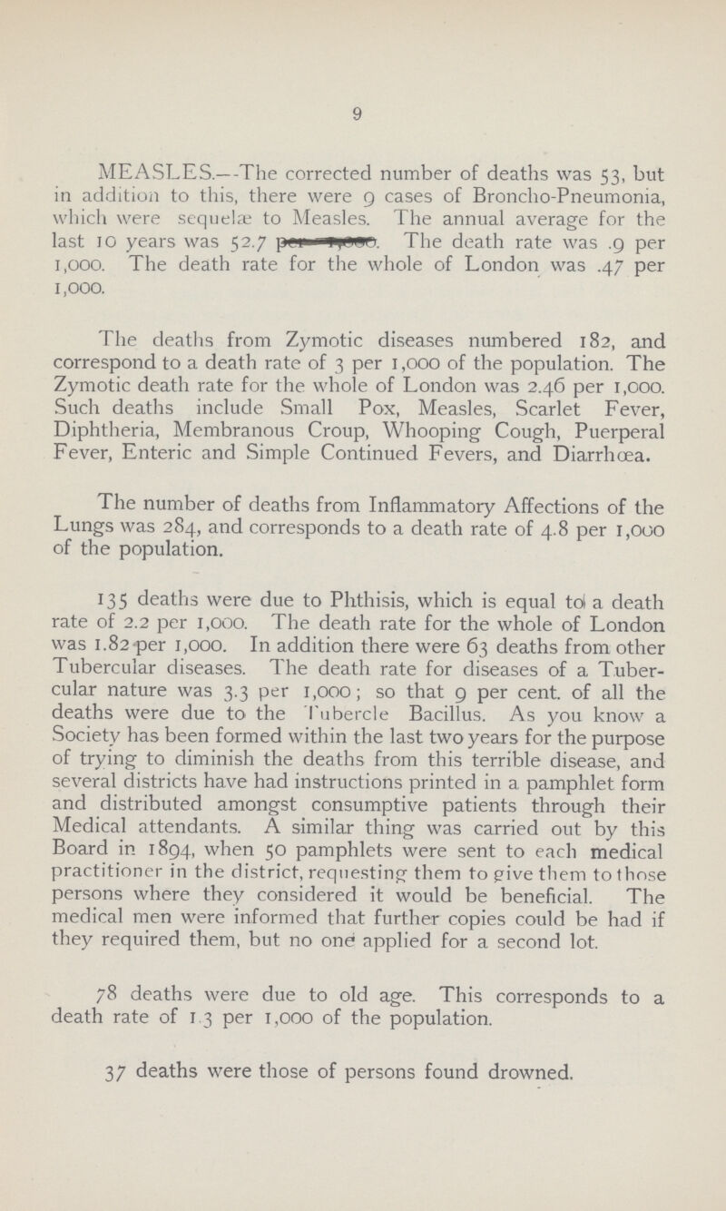 9 MEASLES — The corrected number of deaths was 53, but in addition to this, there were 9 cases of Broncho-Pneumonia, which were sequela; to Measles. The annual average for the last 10 years was 52.7 The death rate was .9 per 1,000. The death rate for the whole of London was .47 per 1,000. The deaths from Zymotic diseases numbered 182, and correspond to a death rate of 3 per 1,000 of the population. The Zymotic death rate for the whole of London was 2.46 per 1,000. Such deaths include Small Pox, Measles, Scarlet Fever, Diphtheria, Membranous Croup, Whooping Cough, Puerperal Fever, Enteric and Simple Continued Fevers, and Diarrhoea. The number of deaths from Inflammatory Affections of the Lungs was 284, and corresponds to a death rate of 4.8 per 1,000 of the population. 135 deaths were due to Phthisis, which is equal tot a death rate of 2.2 per 1,000. The death rate for the whole of London was 1.82 per 1,000. In addition there were 63 deaths from other Tubercular diseases. The death rate for diseases of a Tuber cular nature was 3.3 per 1,000; so that 9 per cent, of all the deaths were due to the Tubercle Bacillus. As you know a Society has been formed within the last two years for the purpose of trying to diminish the deaths from this terrible disease, and several districts have had instructions printed in a pamphlet form and distributed amongst consumptive patients through their Medical attendants. A similar thing was carried out by this Board in 1894, when 50 pamphlets were sent to each medical practitioner in the district, requesting them to five them to those persons where they considered it would be beneficial. The medical men were informed that further copies could be had if they required them, but no one applied for a second lot. 78 deaths were due to old age. This corresponds to a death rate of 13 per 1,000 of the population. 37 deaths were those of persons found drowned.