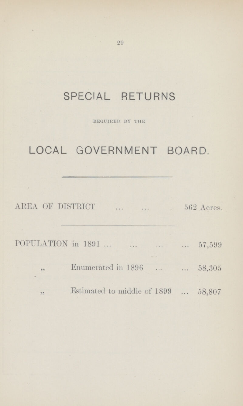 29 SPECIAL RETURNS required by the LOCAL GOVERNMENT BOARD. AEEA OF DISTRICT 562 Acres. POPULATION in 1891 57,599 „ Enumerated in 1896 58,305 „ Estimated to middle of 1899 58,807