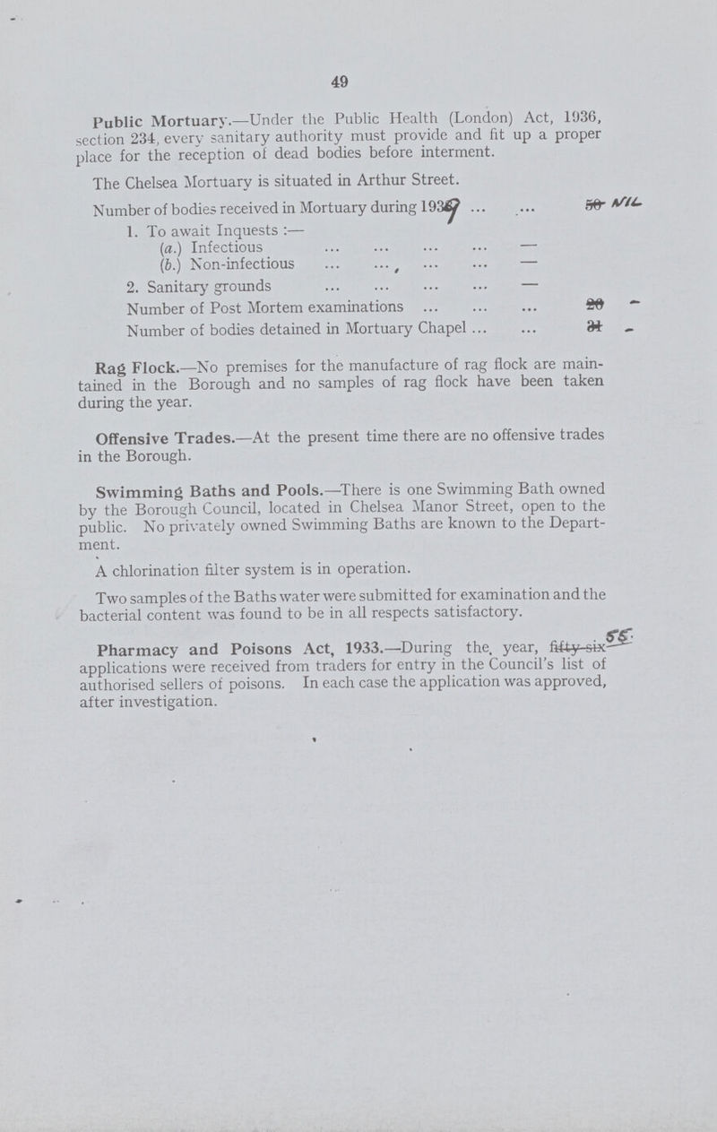 49 Public Mortuary.—Under the Public Health (London) Act, 1936, section 234, every sanitary authority must provide and fit up a proper place for the reception of dead bodies before interment. The Chelsea Mortuary is situated in Arthur Street. Number of bodies received in Mortuary during 1939 NIL 1. To await Inquests :— (a.) Infectious — (b.) Non-infectious — 2. Sanitary grounds — Number of Post Mortem examinations - Number of bodies detained in Mortuary Chapel - Rag Flock.—No premises for the manufacture of rag flock are main tained in the Borough and no samples of rag flock have been taken during the year. Offensive Trades.—At the present time there are no offensive trades in the Borough. Swimming Baths and Pools.— There is one Swimming Bath owned by the Borough Council, located in Chelsea Manor Street, open to the public. No privately owned Swimming Baths are known to the Depart ment. A chlorination filter system is in operation. Two samples of the Baths water were submitted for examination and the bacterial content was found to be in all respects satisfactory. Pharmacy and Poisons Act, 1933.—During the, year, 56. applications were received from traders for entry in the Council's list of authorised sellers of poisons. In each case the application was approved, after investigation.