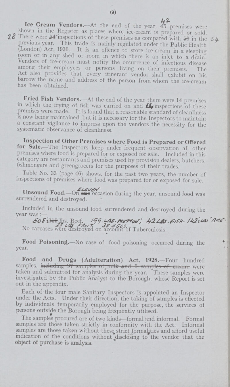 60 42 Ice Cream Vendors.—At the end of the year, 45 premises were shown in the Register as places where ice-cream is prepared or sold. There were 28 inspections of these premises as compared with 54 in the Sty. previous year. This trade is mainly regulated under the Public Health (London) Act, 1936. It is an offence to store ice-cream in a sleeping room or in any shed or room in which there is an inlet to a drain. Vendors of ice-cream must notify the occurrence of infectious disease among their employees or persons living on their premises. The Act also provides that every itinerant vendor shall exhibit on his barrow the name and address of the person from whom the ice-cream has been obtained. Fried Fish Vendors.—At the end of the year there were 14 premises in which the frying of fish was carried on and 14 inspections of these premises were made. It is found that a reasonable standard of cleanliness is now being maintained, but it is necessary for the Inspectors to maintain a constant vigilance to impress upon the vendors the necessity for the systematic observance of cleanliness. Inspection of Other Premises where Food is Prepared or Offered for Sale.—The Inspectors keep under frequent observation all other premises where food is prepared for or exposed for sale. Included in this category are restaurants and premises used by provision dealers, butchers, fishmongers and greengrocers for the purposes of their trades. Table No. 33 (page 46) shows, for the past two years, the number of inspections of premises where food was prepared for or exposed for sale. Unsound Food.—On Eleven occasion during the year, unsound food was surrendered and destroyed. Included in the unsound food surrendered and destroyed during the year was:— 508i lbs. Beef. 199.LAS MUTTON;42 LBS. FISH. 142i LBS RICE. 28 LAS FRUIT. 35 EGGS. No carcases were destoyed on accout of Tuberculosis. Food Poisoning.—No case of food poisoning occurred during the year. Food and Drugs (Adulteration) Act, 1928.—Four hundred sample were taken and submitted for analysis during the year. These samples were investigated by the Public Analyst to the Borough, whose Report is set out in the appendix. Each of the four male Sanitary Inspectors is appointed an Inspector under the Acts. Under their direction, the taking of samples is effected by individuals temporarily employed for the purpose, the services of persons outside the Borough being frequently utilised. The samples procured are of two kinds—formal and informal. Formal samples are those taken strictly in conformity with the Act. Informal samples are those taken without thesep strict formay.ties and afford useful indication of the conditions without disclosing to the vendor that the object of purchase is analysis.