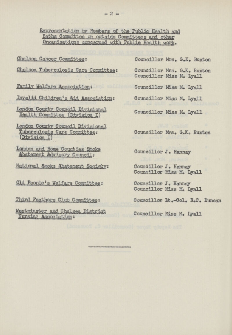- 2 - Representation by Members of the Public Health and Baths Committee on outside Committees and other Organisations concerned with Public Health work. Chelsea Cancer Coicmittees Councillor Mrs. G.K. Buxton Chelsea Tuberculosis Care Committees: Councillor Mrs. G.K. Buxton Councillor Miss M. Lyall Farm' iv Welfare Associations: Councillor Miss M. Lyall Invalid Children's Aid Associations Councillor Miss M. Lyall Iondon County Council Diyisional Councillor Miss M. Lyall Health Committee (Division I) London County Council Divisional Tuberculosis Care Committess Councillor Mrs. G.K. Buxton (Division I) Londen and Home Counties Smoke Councillor J. Hannay Abatement Advisory Councils National Smoks Abatement Societys Councillor J. Hannay Councillor Miss M. lyall Old People's Welfare Committees Councillor J. Hannay Councillor Miss M. Lyall Third Feathers Club Committees Councillor Lt.-Col. R.C. Duncan Westminster and Club Chelsier District Councillor Miss M. Lyall Nursing Associates: