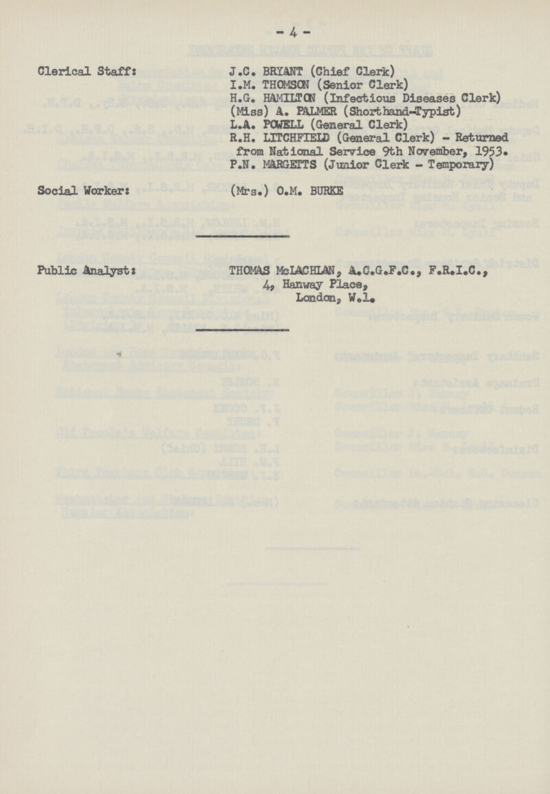 - 4 - Clerical Staff: J.C. BRYANT (Chief Clerk) I.M. THOMSON (Senior Clerk) H.G. HAMILTCN (Infectious Diseases Clerk) (Miss) A. PALMER (Shorthand-Typist) L.A. POWELL (General Clerk) R.H. LITCHFIEID (General Clerk) - Returned from National Service 9th November, 1953* P.N. MARGETTS (Junior Clerk - Temporary) Social Worker: (Mrs.) O.M. BURKE Public Analyst: THOMAS McIACHLAN, A.C.G.F.C., F.R.I.C., 4, Hanway Place, London, W.l