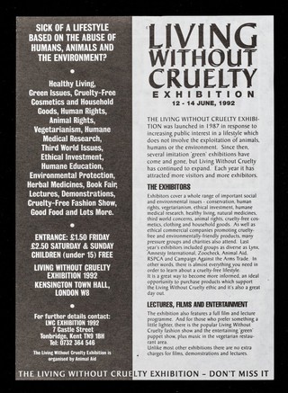 Living without cruelty exhibition 1992 : Kensington Town Hall ... June 12th-14th 1992 / organised by Animal Aid.