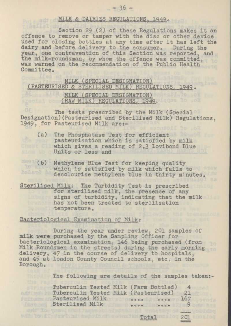 36 MILK & DAIRIES REGULATIONS, 1949. Section 29 (2) of these Regulations makes it an offence to remove or tamper with the disc or other device used for closing bottles at any time after it has left the dairy and before delivery to the consumer. During the year, one contravention of this Section was reported, and the milk-roundsman, by whom the offence was committed, was warned on the recommendation of the Public Health Committee. MILK (SPECIAL DESIGNATION) (PASTEURISED & STERILISED MILK) REGULATIONS, 1949. MILK (SPECIAL DESIGNATION) (RAW MILK) REGULATIONS, 1949. The tests prescribed by the Milk (Special Designation)(Pasteurised and Sterilised Milk) Regulations, 1949, for Pasteurised Milk are:- (a) The Phosphatase Test for efficient pasteurisation which is satisfied by milk which gives a reading of 2.3 Lovibond Blue Units or less and (b) Methylene Blue Test for keeping quality which is satisfied by milk which fails to decolourise methylene blue in thirty minutes. Sterilised Milks: The Turbidity Test is prescribed for sterilised milk, the presence of any signs of turbidity, indicating that the milk has not been treated to sterilisation temperature. Bacteriological Examination of Milks: During the year under review, 201 samples of milk were purchased by the Sampling Officer for bacteriological examination, 146 being purchased (from Milk Roundsmen In the streets) during the early morning delivery, 47 in the course of delivery to hospitals, and 45 at London County Council schools, etc. in the Borough. The following are details of the samples taken:- Tuberculin Tested Milk (Farm Bottled) 4 Tuberculin Tested Milk (Pasteurised) 21 Pasteurised Milk 167 Sterilised Milk 9 Total 201