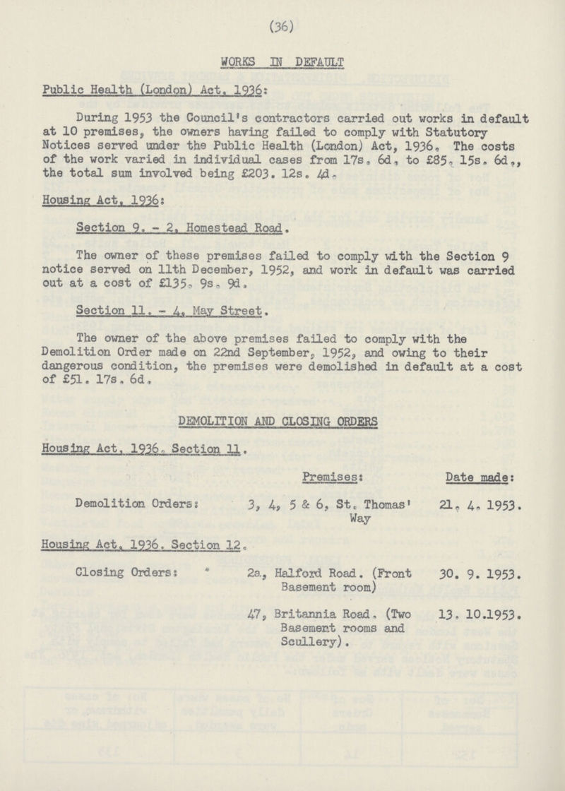 (36) WORKS IN DEFAULT Public Health (London) Act, 1936: During 1953 the Council's contractors carried out works in default at 10 premises, the owners having failed to comply with Statutory Notices served under the Public Health (London) Act, 1936, The costs of the work varied in individual cases from 17s, 6d, to £85 15s. 6d., the total sum involved being £203. 12s. 4d. Housing Act. 1936; Section 9. - 2. Homestead Road. The owner of these premises failed to comply with the Section 9 notice served on 11th December, 1952, and work in default was carried out at a cost of £135. 9s. 9d. Section 11. - 4. May Street. The owner of the above premises failed to comply with the Demolition Order made on 22nd September, 1952, and owing to their dangerous condition, the premises were demolished in default at a cost of £51. 17s. 6d. DEMOLITION AND CLOSING ORDERS Housing Act, 1936, Section 11. Demolition Orderss Premises: 3, A, 5 & 6, St, Thomas' Way Date made: 21, 4, 1953. Housing Act. 1936. Section 12. Closing Orders: 2a, Halfold Road. (Front Basement room) 30. 9. 1953. 47, Britannia Road- (Two Basement rooms and Scullery). 13. 10.1953.
