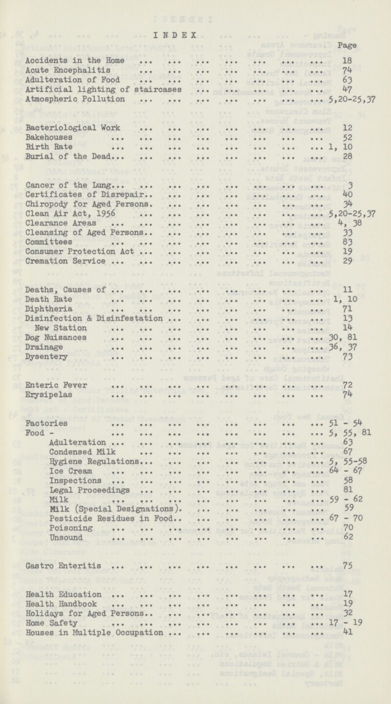 INDEX Page Accidents in the Home 18 Acute Encephalitis 74 Adulteration of Food 63 Artificial lighting of staircases 47 Atmospheric Pollution 5.20-25,37 Bacteriological Work 12 Bakehouses 52 Birth Hate 1, 10 Burial of the Dead 23 Cancer of the Lung 3 Certificates of Disrepair 40 Chiropody for Aged Persons 34 Clean Air Act, 1956 5,20-25,37 Clearance Areas 4,38 Cleansing of Aged Persons 33 Committees 33 Consumer Protection Act 19 Cremation Service 29 Deaths, Causes of 11 Death Hate 1, 10 Diphtheria 71 Disinfection & Disinfestation 13 New Station 14 Dog Nuisances 30, 81 Drainage 36, 37 Dysentery 73 Enteric Fever 72 Erysipelas 74 Factories 51-54 Food 5, 55, 81 Adulteration 63 Condensed Milk 67 Hygiene Regulations 5, 55-58 Ice Cream 64-67 Inspections 58 Legal Proceedings 81 Milk 59-62 Milk (special Designations) 59 Pesticide Residues in Food 67-70 Poisoning 70 Unsound 62 Gastro Enteritis 75 Health Education 17 Health Handbook 19 Holidays for Aged Persons 32 Home Safety 17-19 Houses in Multiple Occupation 41