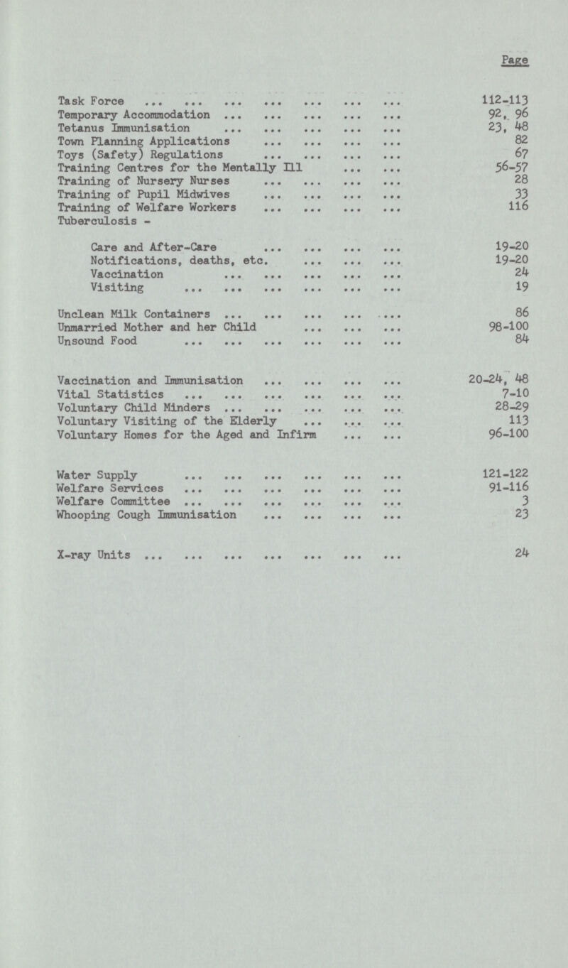 Page Task Force 112-113 Temporary Accommodation 92,96 Tetanus Immunisation 23,48 Town Planning Applications 82 Toys (Safety) Regulations 67 Training Centres for the Mentally Ill 56-57 Training of Nursery Nurses 28 Training of Pupil Midwives 33 Training of Welfare Workers 116 Tuberculosis - Care and After-Care 19-20 Notifications, deaths, etc. 19-20 Vaccination 24 Visiting 19 Unclean Milk Containers 86 Unmarried Mother and her Child 98-100 Unsound Food 84 Vaccination and Immunisation 20-24,48 Vital Statistics 7-10 Voluntary Child Minders 28-29 Voluntary Visiting of the Elderly 113 Voluntary Homes for the Aged and Infirm 96-100 Water Supply 121-122 Welfare Services 91-116 Welfare Committee 3 Whooping Cough Immunisation 23 X-ray Units 24