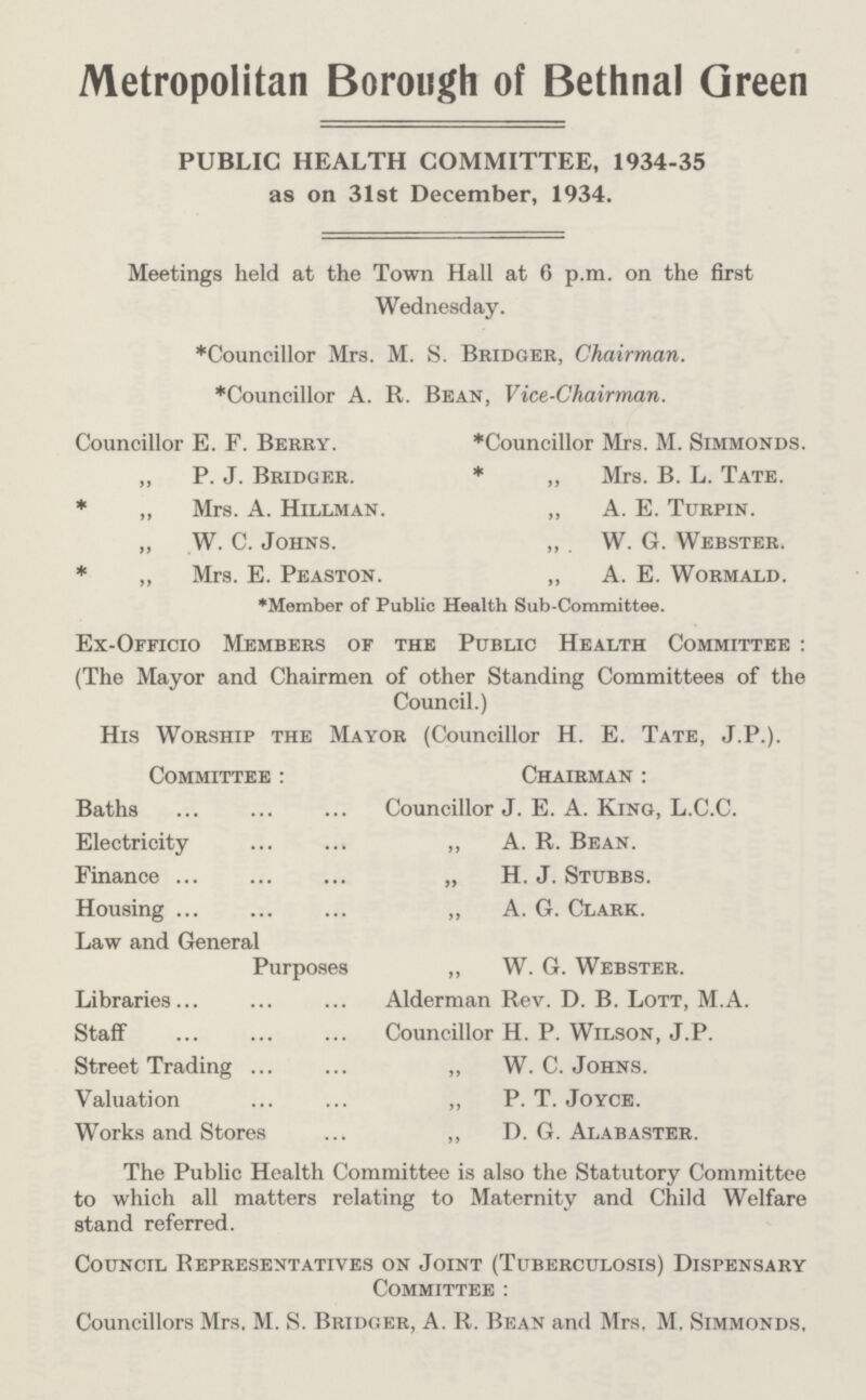 Metropolitan Borough of Bethnal Green PUBLIC HEALTH COMMITTEE, 1934-35 as on 31st December, 1934. Meetings held at the Town Hall at 6 p.m. on the first Wednesday. *Councillor Mrs. M. S. Bridger, Chairman. *Councillor A. R. Bean, Vice-Chairman. Councillor E. F. Berry. *Councillor Mrs. M. Simmonds. „ P. J. Bridger. * „ Mrs. B. L. Tate. * „ Mrs. A. Hillman. „ A. E. Turpin. „ W. C. Johns. „ . W. G. Webster. * „ Mrs. E. Peaston. „ A. E. Wormald. *Member of Public Health Sub-Committee. Ex-Officio Members of the Public Health Committee : (The Mayor and Chairmen of other Standing Committees of the Council.) His Worship the Mayor (Councillor H. E. Tate, J.P.). Committee : Chairman : Baths Councillor J. E. A. King, L.C.C. Electricity ,, A. R. Bean. Finance „ H. J. Stubbs. Housing „ A. G. Clark. Law and General Purposes ,, W. G. Webster. Libraries Alderman Rev. D. B. Lott, M.A. Staff Councillor H. P. Wilson, J.P. Street Trading ,, W.C.Johns. Valuation ,, P. T. Joyce. Works and Stores ,, D. G. Alabaster. The Public Health Committee is also the Statutory Committee to which all matters relating to Maternity and Child Welfare stand referred. Council Representatives on Joint (Tuberculosis) Dispensary Committee : Councillors Mrs. M. S. Bridger, A. R. Bean and Mrs. M. Simmonds,