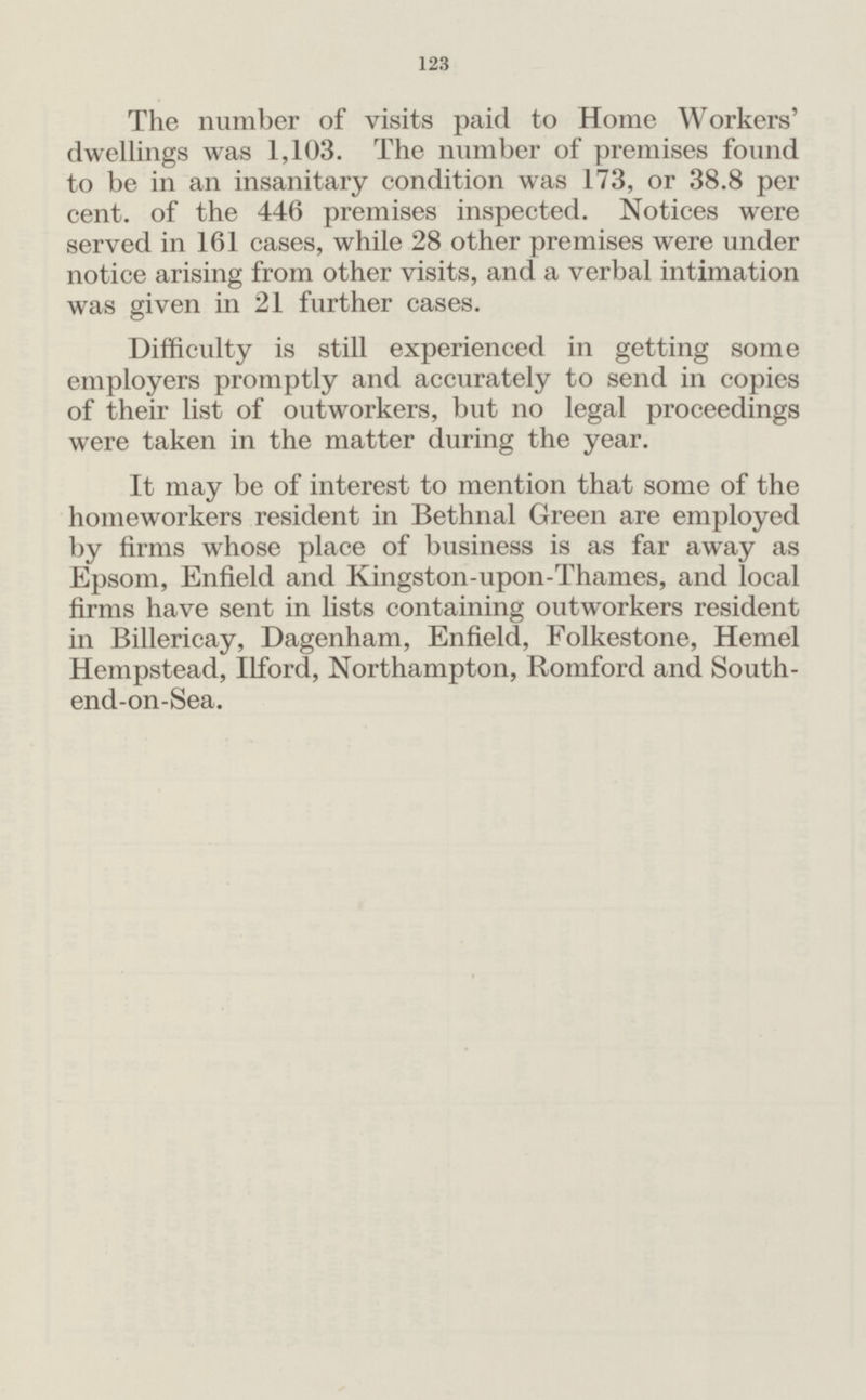 123 The number of visits paid to Home Workers' dwellings was 1,103. The number of premises found to be in an insanitary condition was 173, or 38.8 per cent, of the 446 premises inspected. Notices were served in 161 cases, while 28 other premises were under notice arising from other visits, and a verbal intimation was given in 21 further cases. Difficulty is still experienced in getting some employers promptly and accurately to send in copies of their list of outworkers, but no legal proceedings were taken in the matter during the year. It may be of interest to mention that some of the homeworkers resident in Bethnal Green are employed by firms whose place of business is as far away as Epsom, Enfield and Kingston-upon-Thames, and local firms have sent in lists containing outworkers resident in Billericay, Dagenham, Enfield, Folkestone, Hemel Hempstead, Ilford, Northampton, Romford and South end-on-Sea.
