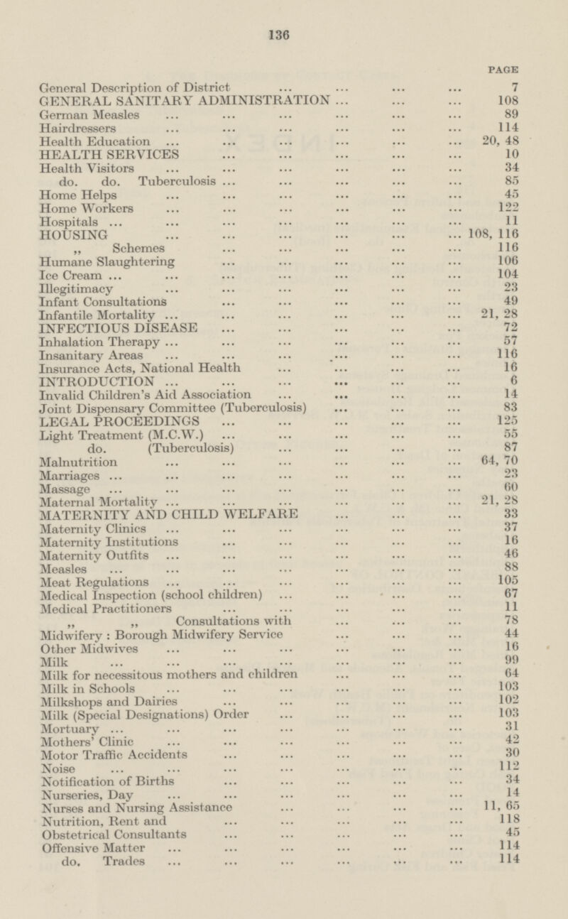 136 page General Description of District 7 GENERAL SANITARY ADMINISTRATION 108 German Measles 89 Hairdressers 114 Health Education 20, 48 HEALTH SERVICES 10 Health Visitors 34 do. do. Tuberculosis 85 Home Helps 45 Home Workers 122 Hospitals 11 HOUSING 108, 116 „ Schemes 116 Humane Slaughtering 106 Ice Cream 104 Illegitimacy 23 Infant Consultations 49 Infantile Mortality 21, 28 INFECTIOUS DISEASE 72 Inhalation Therapy 57 Insanitary Areas 116 Insurance Acts, National Health 16 INTRODUCTION 6 Invalid Children's Aid Association 14 Joint Dispensary Committee (Tuborculosis) 83 LEGAL PROCEEDINGS 125 Light Treatment (M.C.W.) 55 do. (Tuberculosis) 87 Malnutrition 64, 70 Marriages 23 Massage 60 Maternal Mortality 21,28 MATERNITY AND CHILD WELFARE 33 Maternity Clinics 37 Maternity Institutions 16 Maternity Outfits 46 Measles 88 Meat Regulations 105 Medical Inspection (school children) 67 Medical Practitioners 11 „ „ Consultations with 78 Midwifery: Borough Midwifery Service 44 Other Midwives 16 Milk 99 Milk for necessitous mothers and children 64 Milk in Schools 103 Milkshops and Dairies 102 Milk (Special Designations) Order 103 Mortuary 31 Mothers' Clinic 42 Motor Traffic Accidents 30 Noise 112 Notification of Births 34 Nurseries, Day 14 Nurses and Nursing Assistance 11,65 Nutrition, Rent and 118 Obstetrical Consultants 45 Offensive Matter 114 do. Trades 114